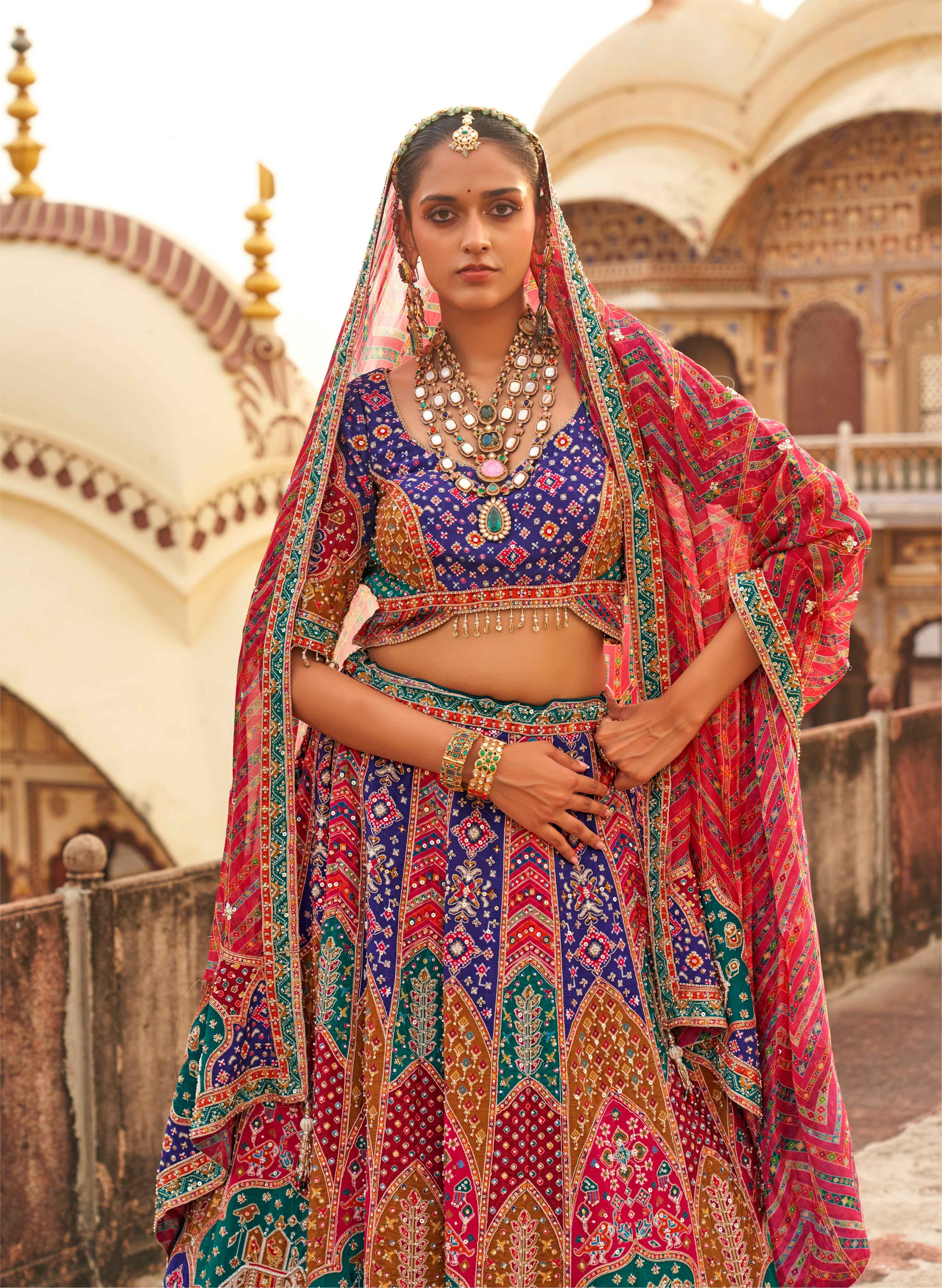 Royal Heritage | Multicolor Pure Silk Patola & Leheriya Handwork Lehenga | Palkhi Fashion