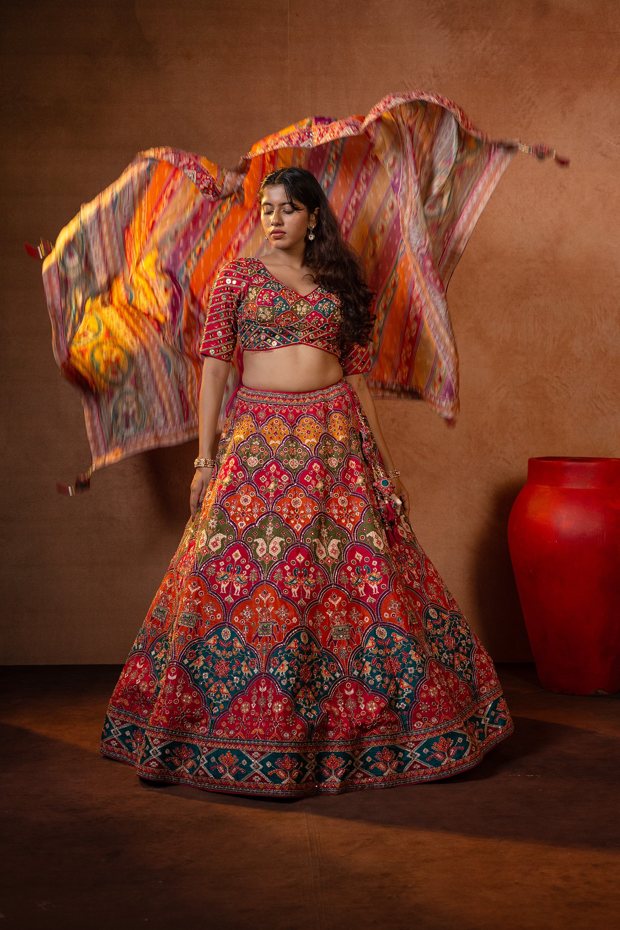 Vibrant Heritage | Multicolored Pure Silk Patola Lehenga Choli with Kundan Work | Palkhi Fashion
