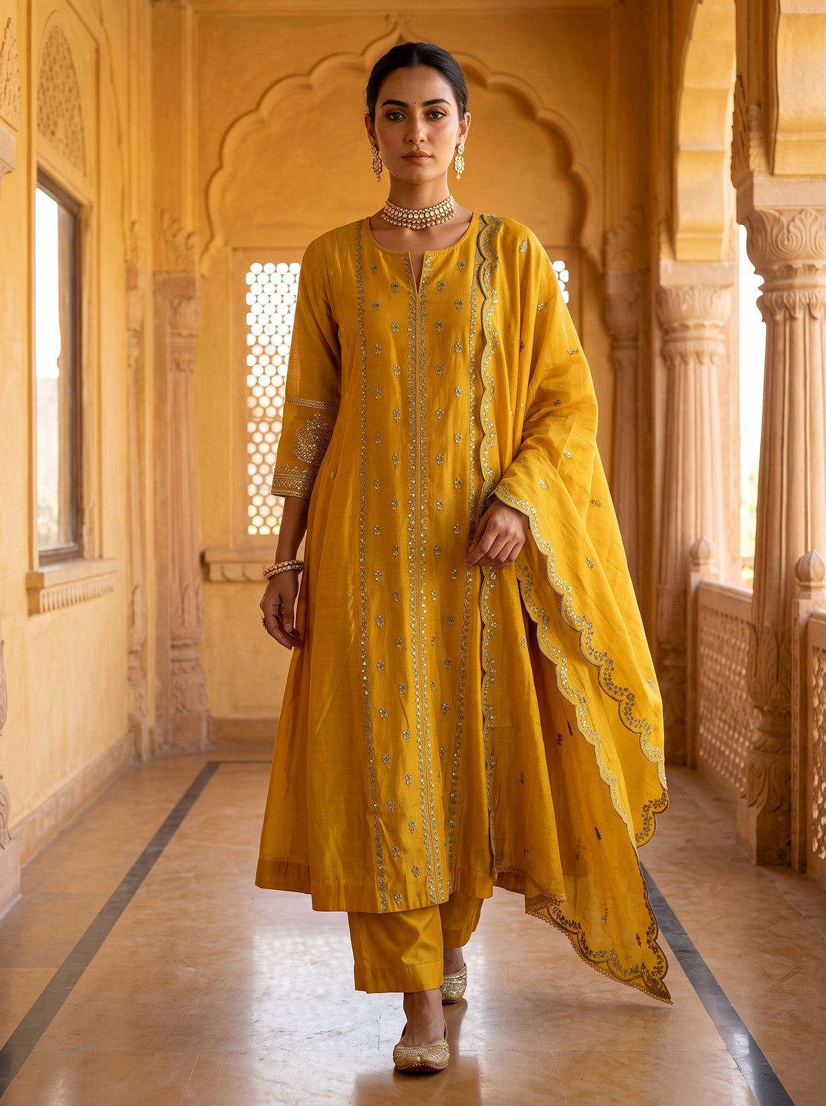 Golden Marigold | Mustard Yellow Chanderi Silk Anarkali Set with Resham Work | Palkhi Fashion