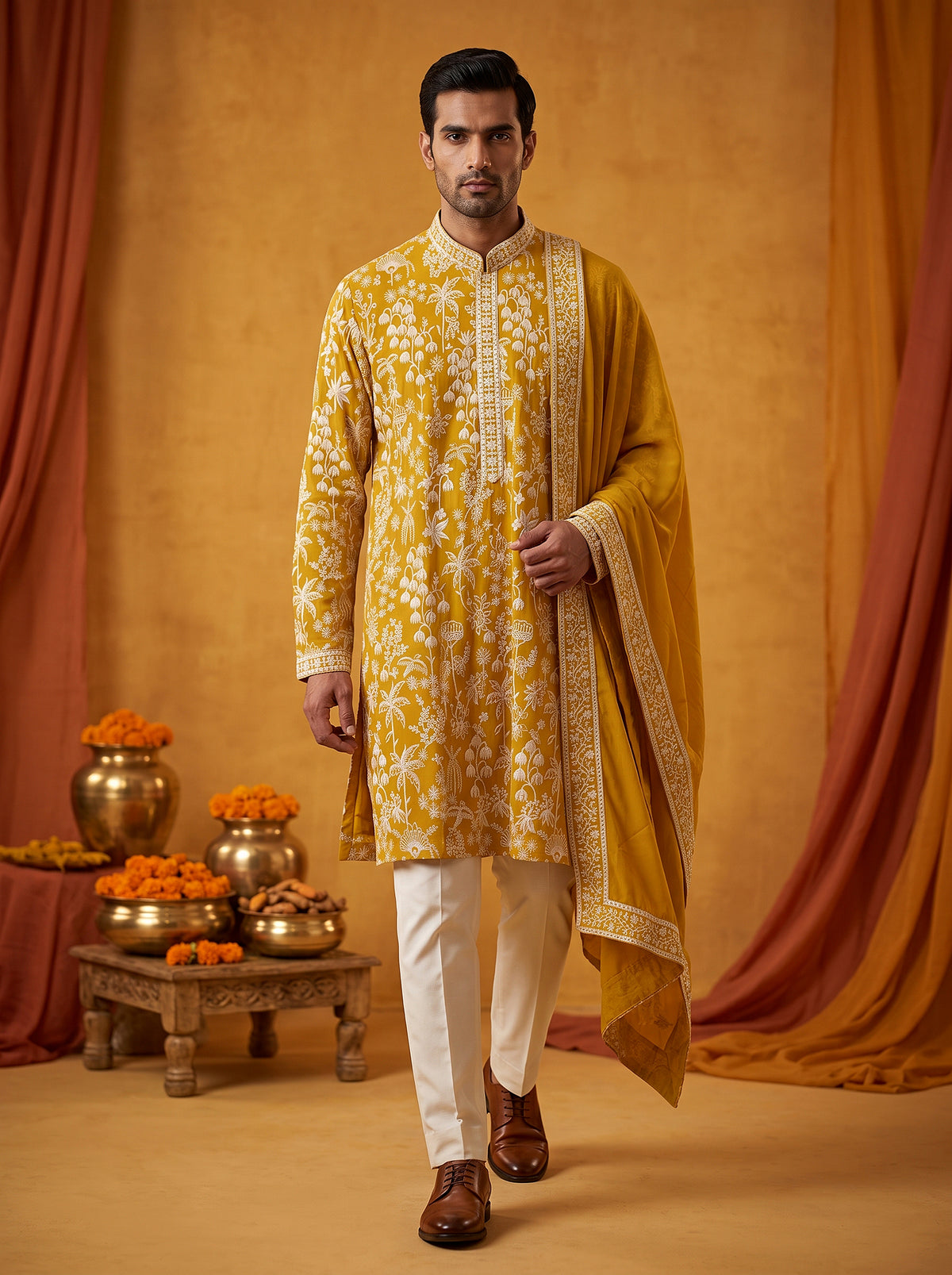 Radiant Heritage | Designer Mustard Resham Work Men's Kurta Pajama | Palkhi Fashion