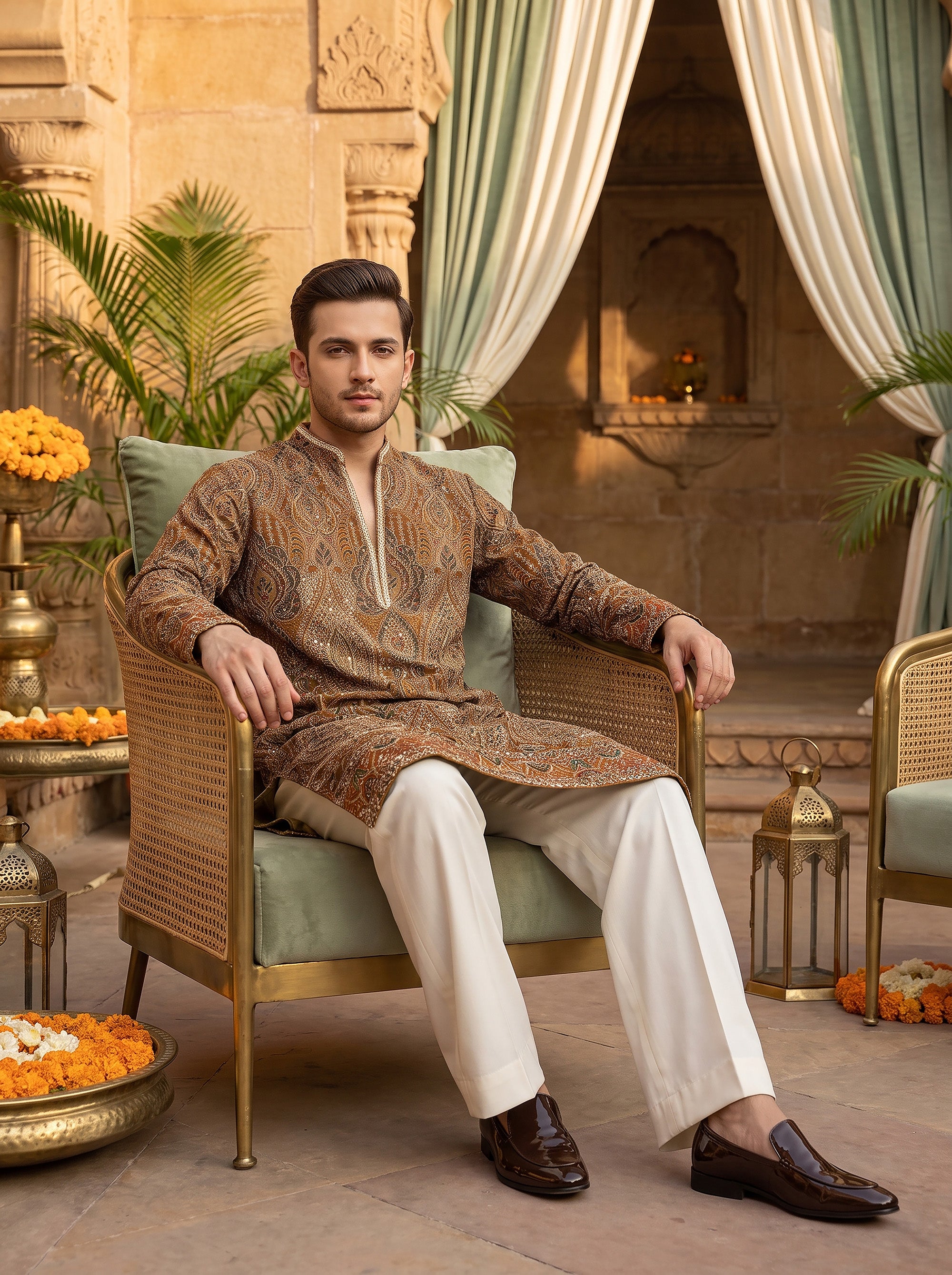 Regal Heritage | Premium Mustard Embroidered Men's Kurta with Korean Pants | Palkhi Fashion