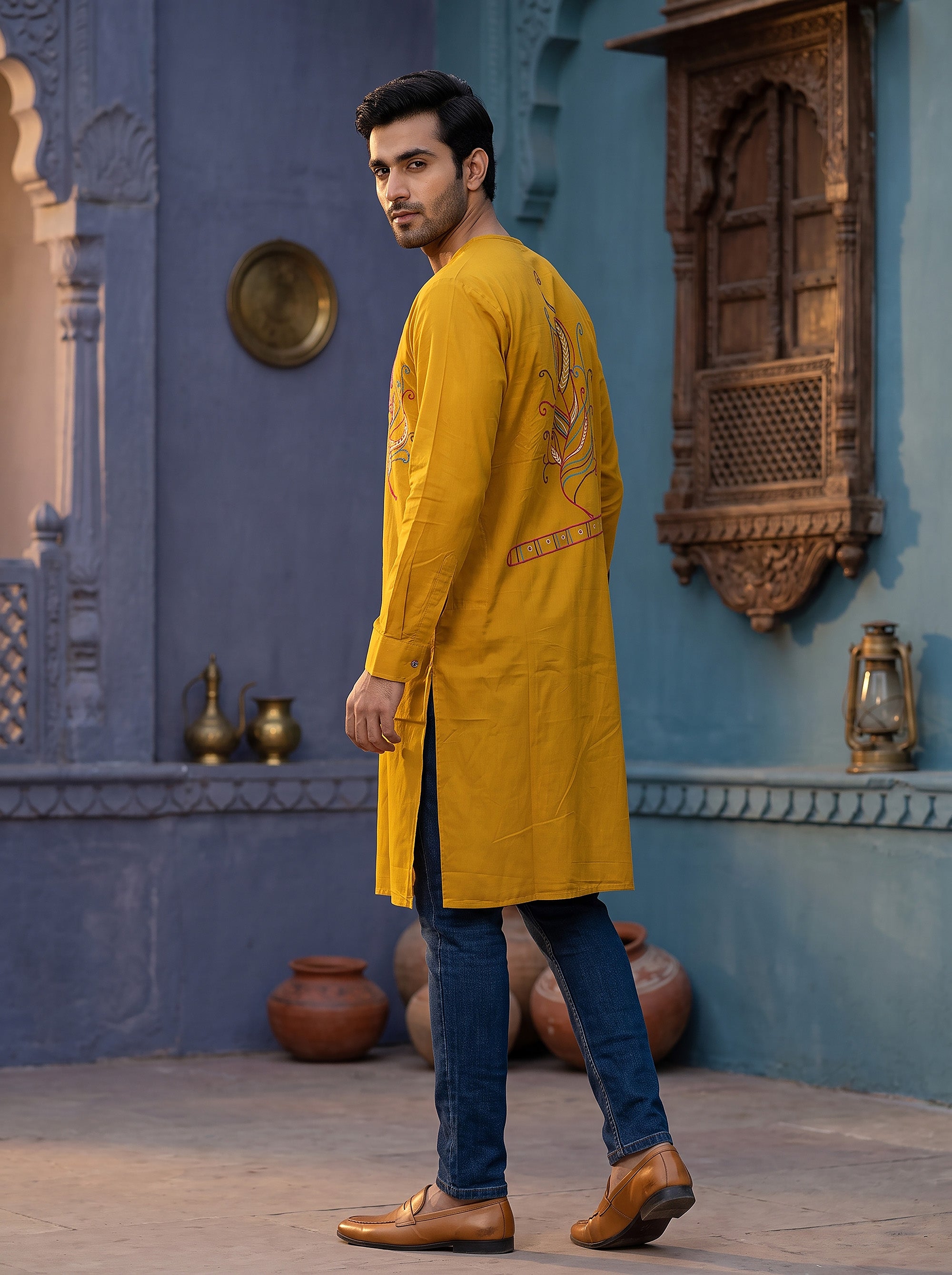 Warm Mustard Premium Men's Kurta Feather Threadwork | Palkhi Fashion
