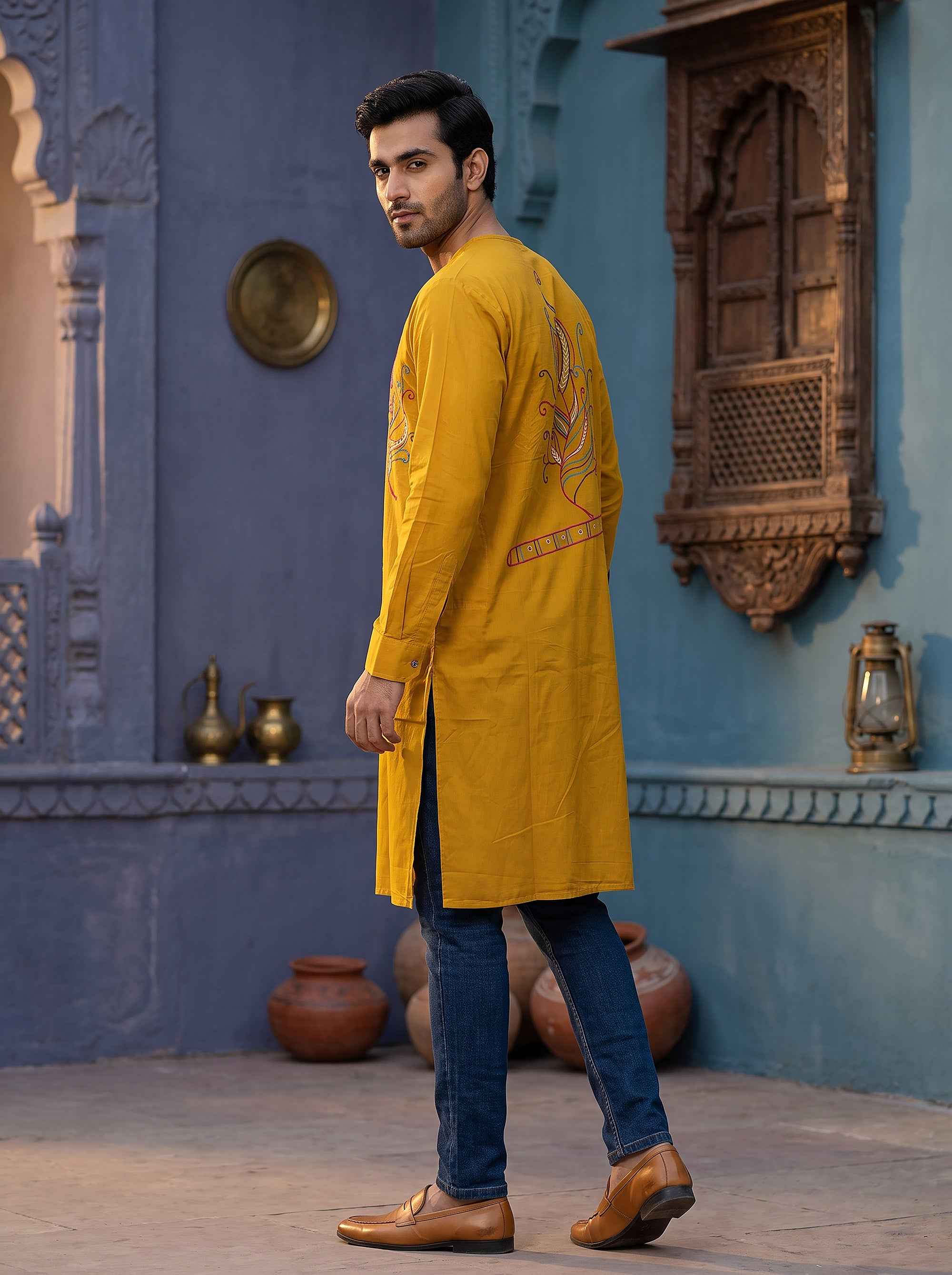 Warm Mustard Navratri Men's Kurta Feather Threadwork | Palkhi Fashion