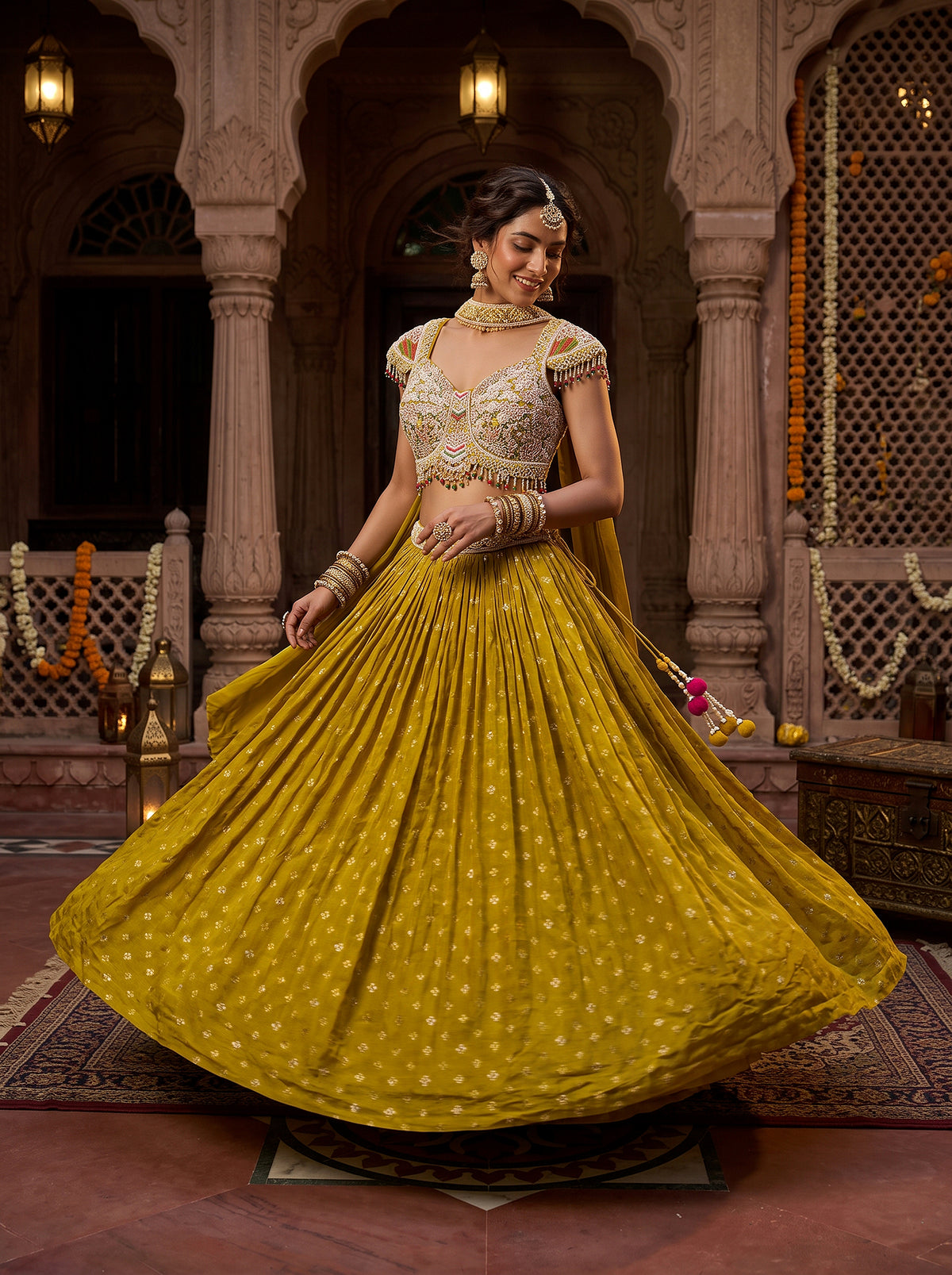 Mustard Olive Radiance | Mustard Olive Soft Silk Lehenga Choli with Pearl Handwork | Palkhi Fashion