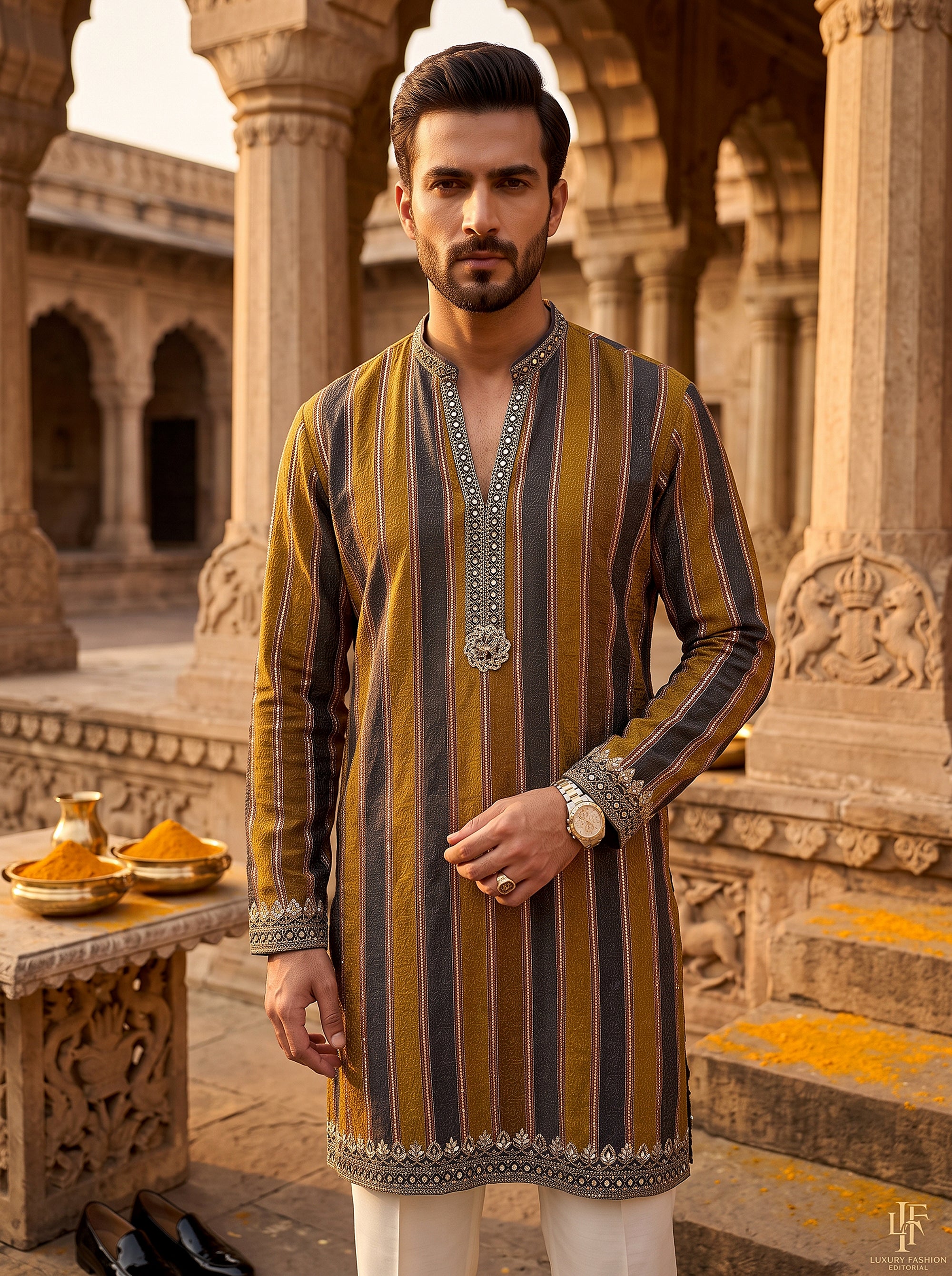 Golden Radiance | Mustard & Grey Textured Silk Kurta Set with Mirror Work | Palkhi Fashion