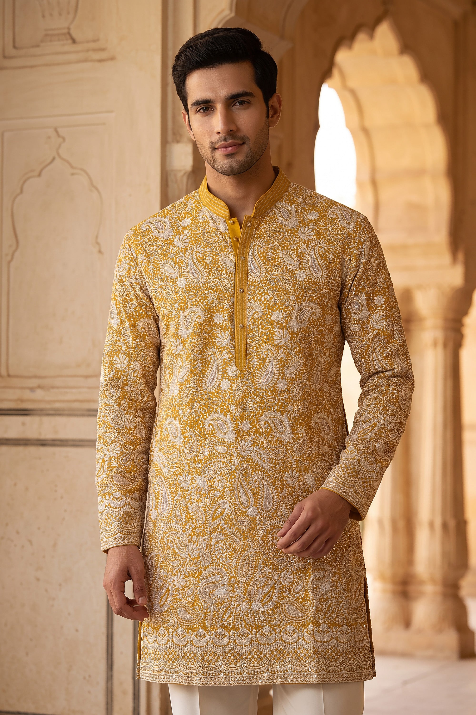 Golden Radiance | Light Mustard Yellow Chikankari Kurta with Korean Pants | Palkhi Fashion