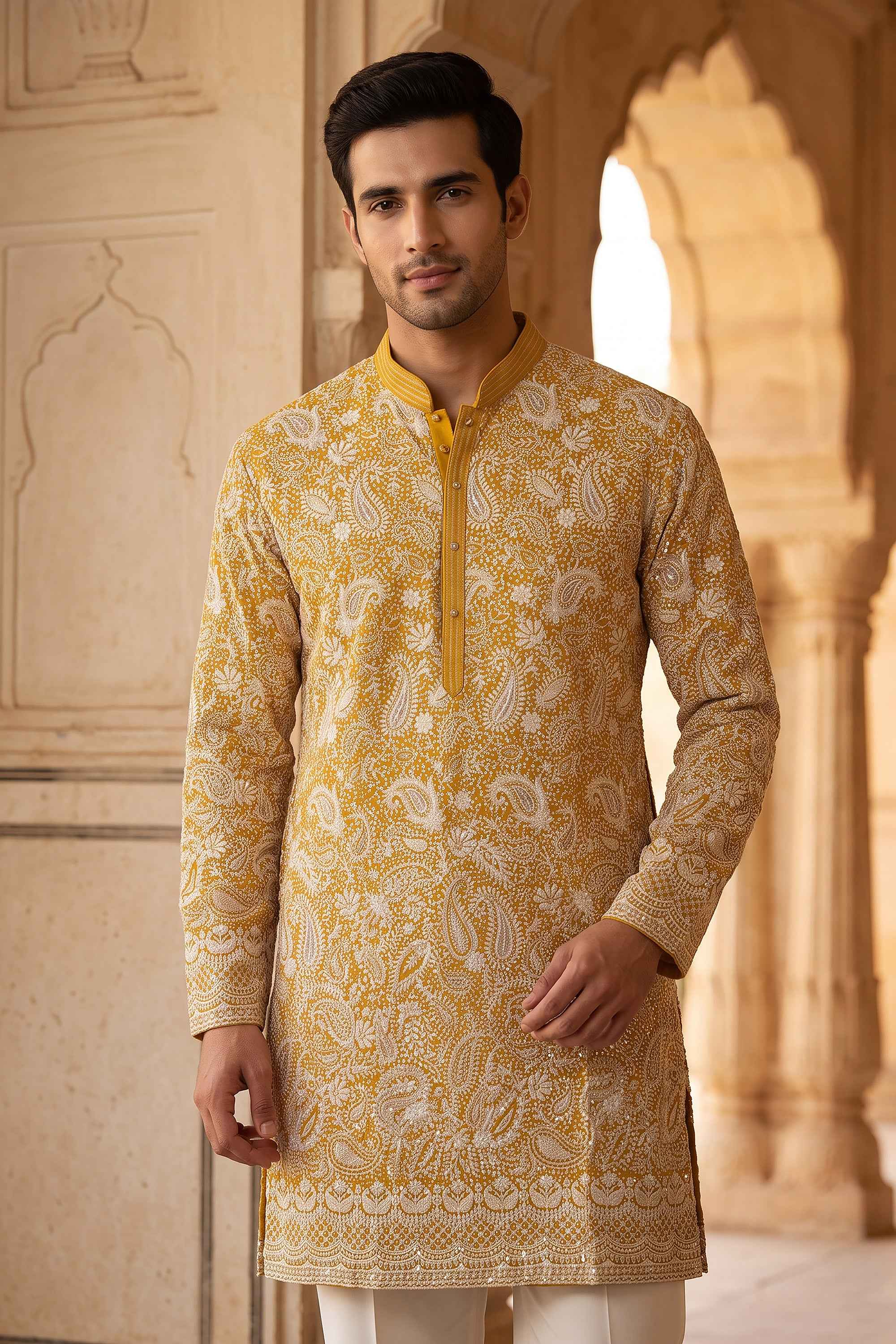 Golden Radiance | Light Mustard Yellow Chikankari Kurta with Korean Pants | Palkhi Fashion