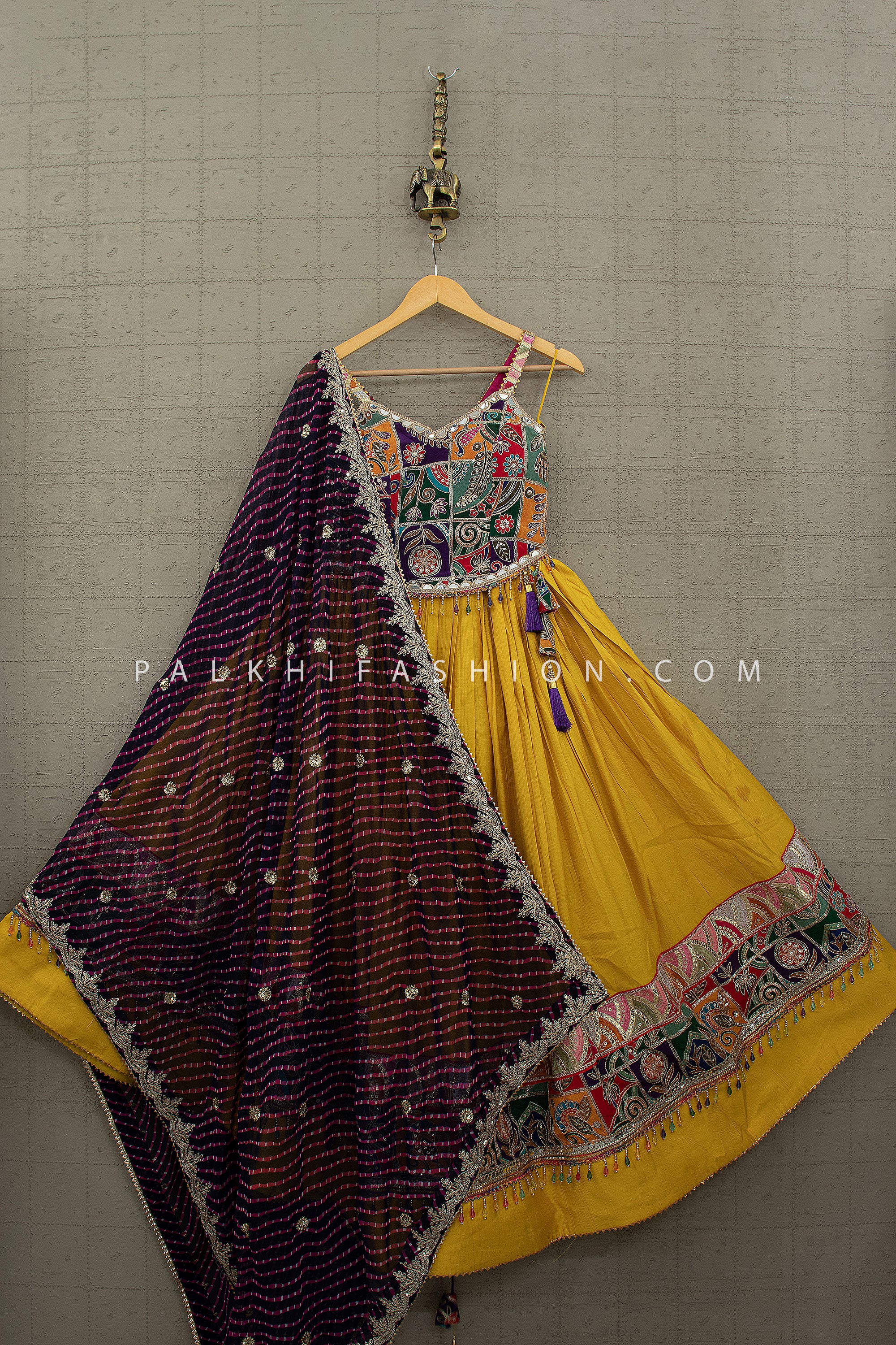 Golden Garba Glow – Mustard Yellow Designer Chaniya Choli with Corset Handwork Top | Palkhi Fashion