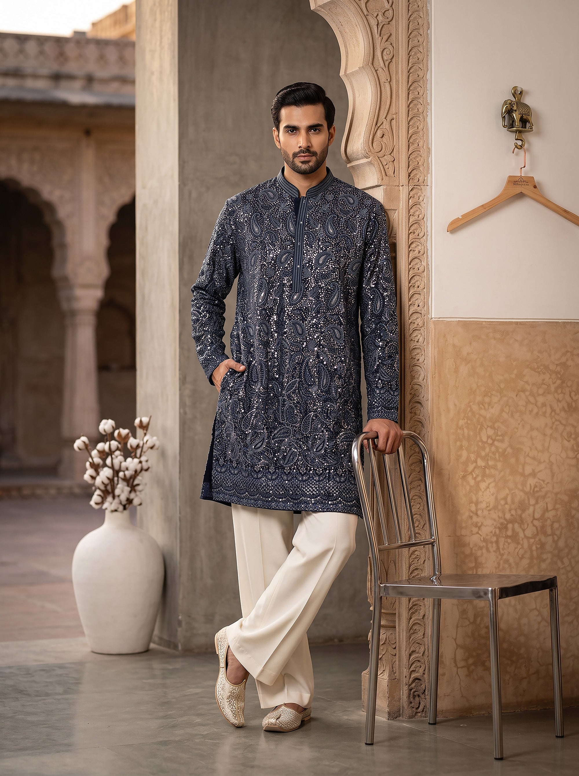 Midnight Majesty | Navy Blue Georgette Chikankari Mens Kurta Set with Sequin Work | Palkhi Fashion