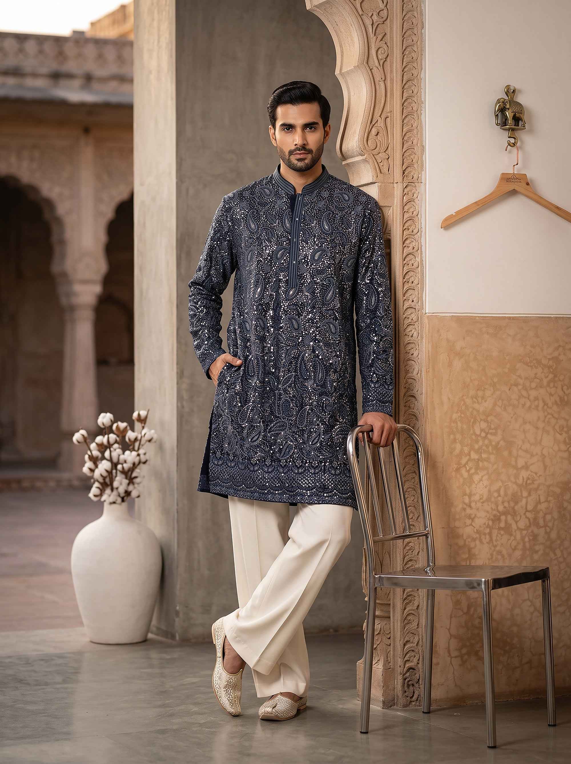 Midnight Majesty | Navy Blue Georgette Chikankari Mens Kurta Set with Sequin Work | Palkhi Fashion