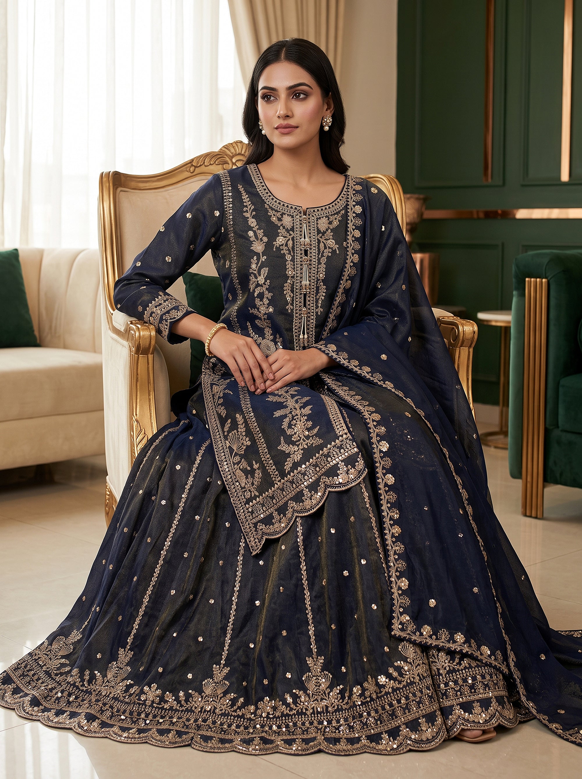 Midnight Majesty | Navy Blue Embroidered Slit Kurta Palazzo Suit | Palkhi Fashion