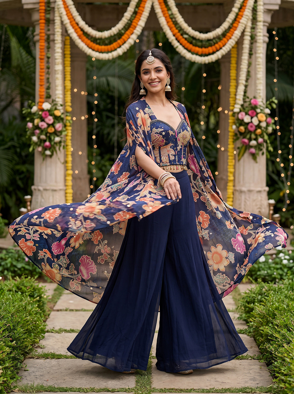 Midnight Bloom | Navy Blue Floral Georgette Indo-Western Cape Set | Palkhi Fashion