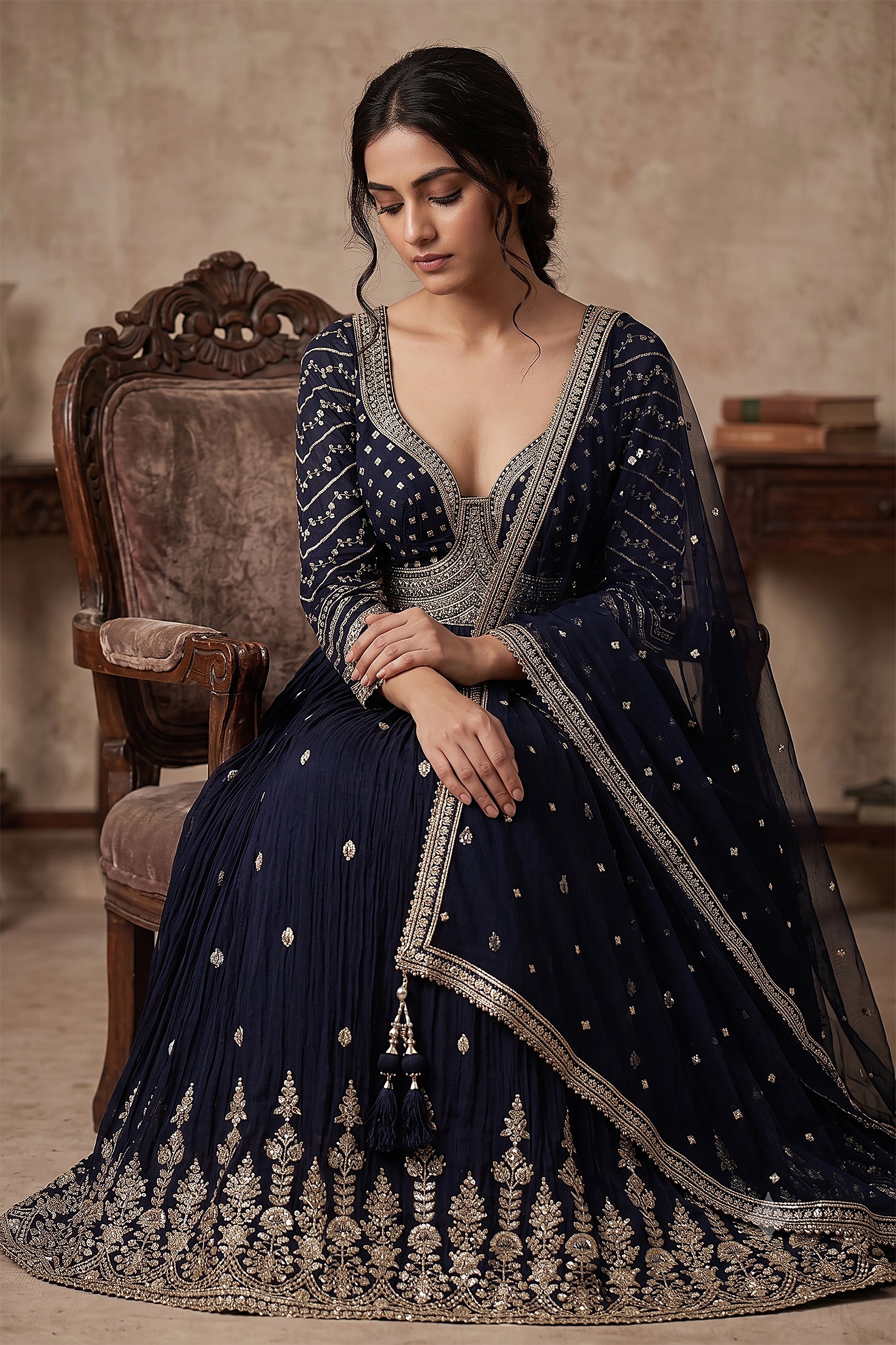 Navy Blue Georgette Anarkali with Micro Mirrors & Handwork | Palkhi Fashion