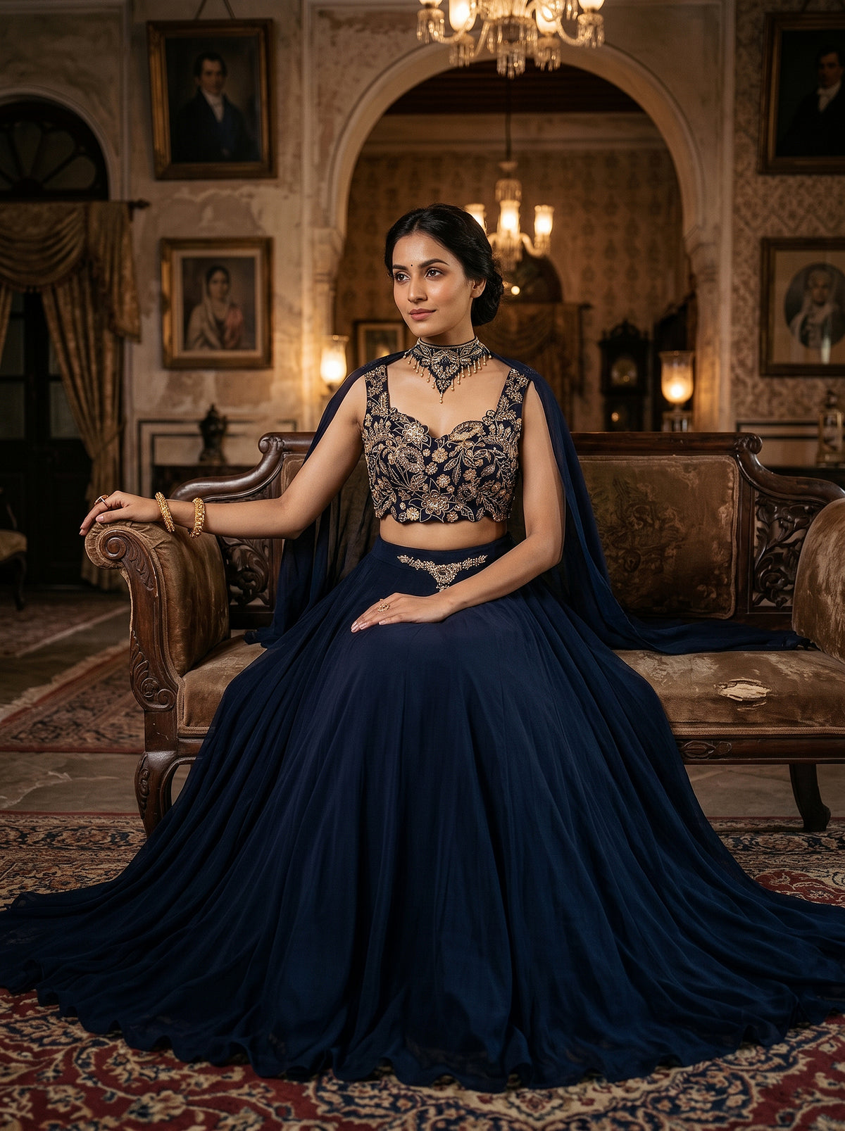 Midnight Elegance | Navy Blue Georgette Lehenga Choli with Cutdana & Beadwork | Palkhi Fashion