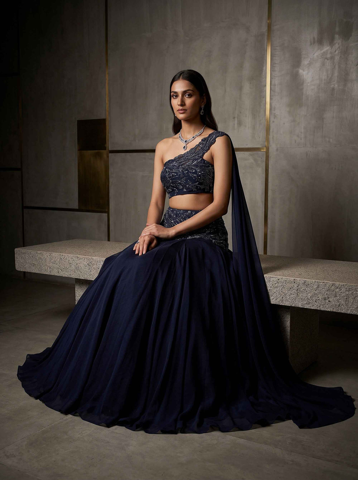 Midnight Radiance | Navy Blue Georgette & Silk Blend One-Shoulder Lehenga Set with Silver Cutdana Work | Palkhi Fashion