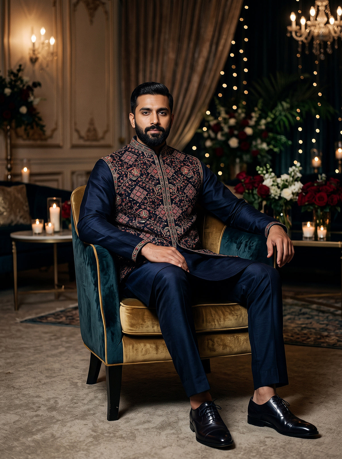 The Imperial Vine | Navy Blue Raw Silk Kurta Jacket Set with Kashmiri Embroidery | Palkhi Fashion