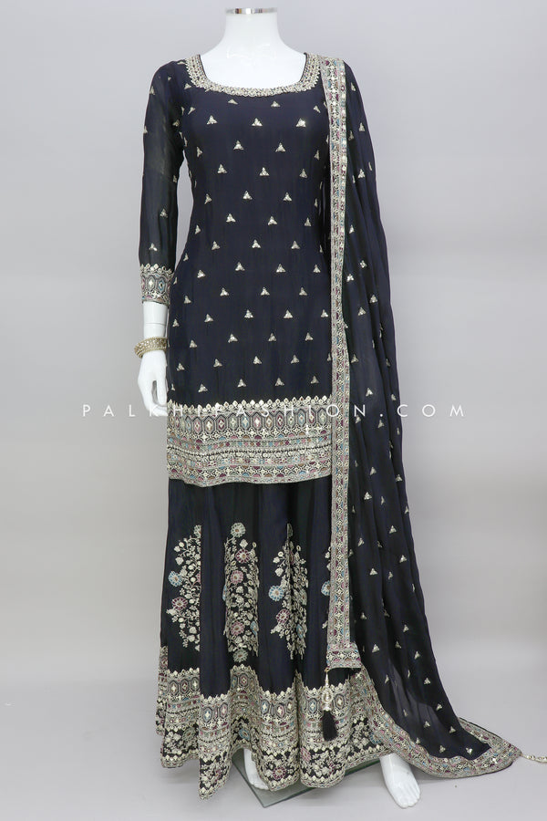 Navy Blue Pure Georgette Embroideried Palazzo Outfit