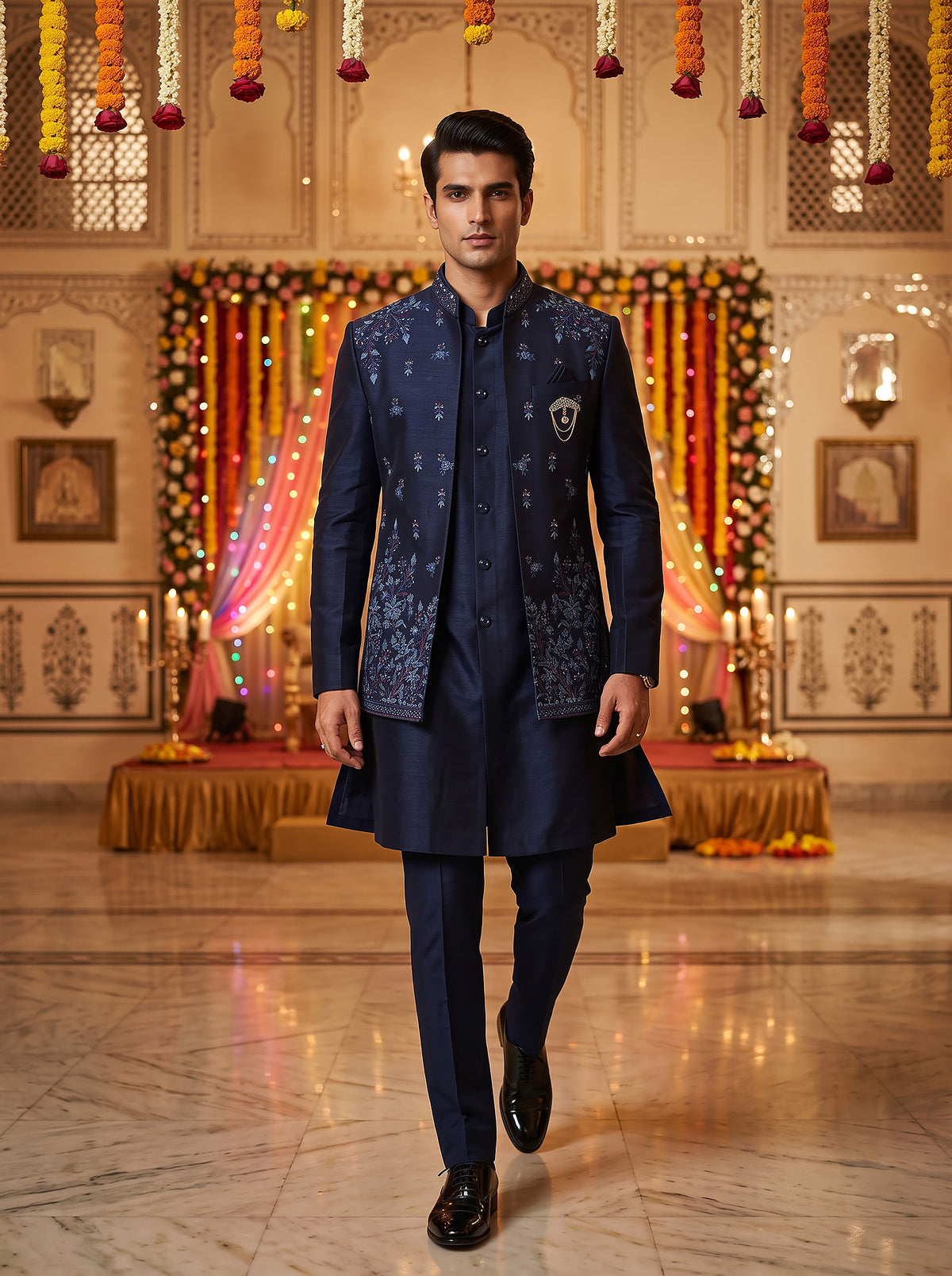 Majestic Midnight | Navy Blue Raw Silk Indo-Western Set with Resham & Mirror Work | Palkhi Fashion