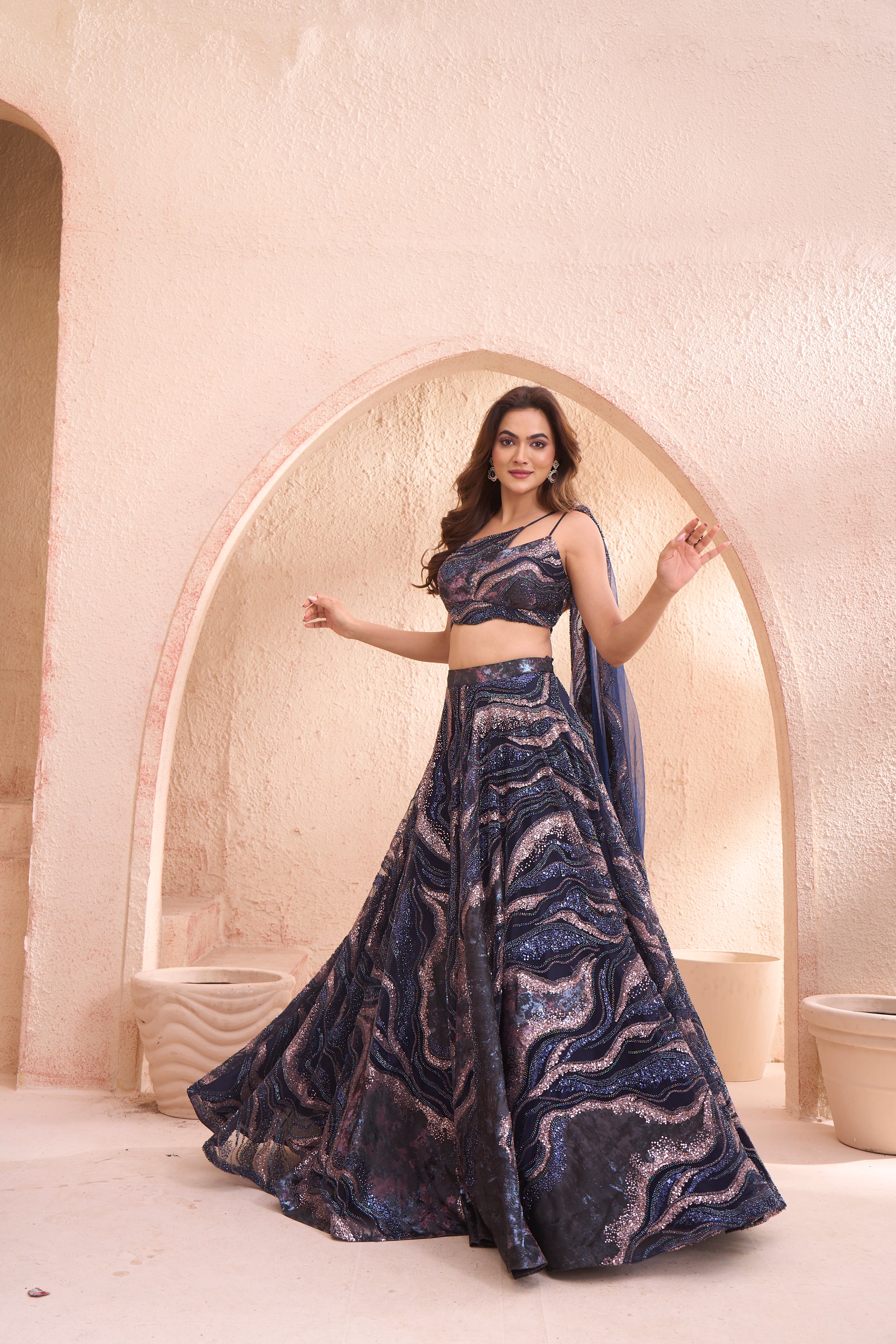 Cosmic Elegance | Navy Blue & Rose Gold Designer Handwork Lehenga Set | Palkhi Fashion