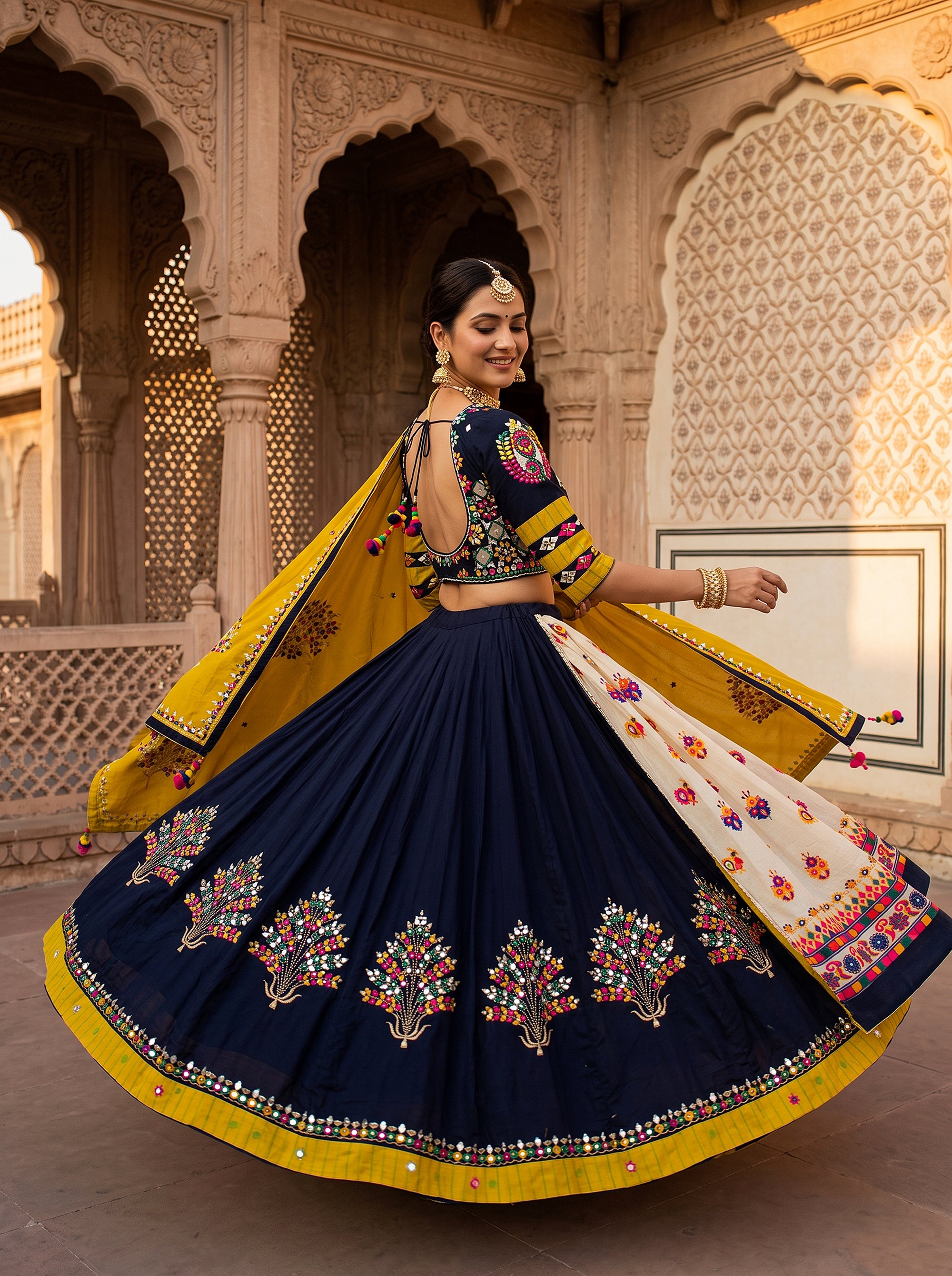 Festive Radiance | Navy & Mustard Layered Navratri Chaniya Choli with Mirror Work | Palkhi Fashion