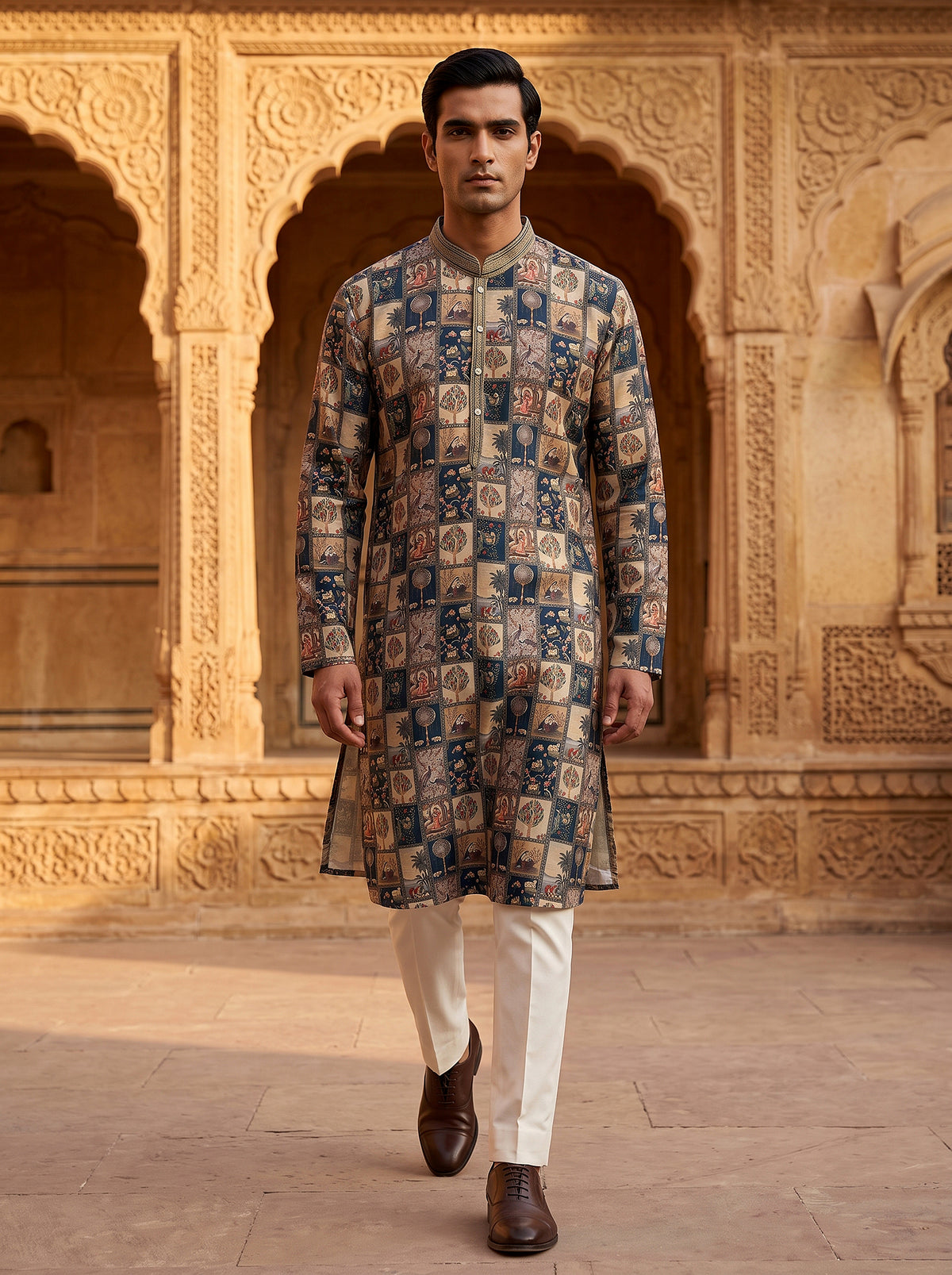 Heritage Majesty | Heritage Multicolor Printed Silk Kurta with Off-White Pants | Palkhi Fashion