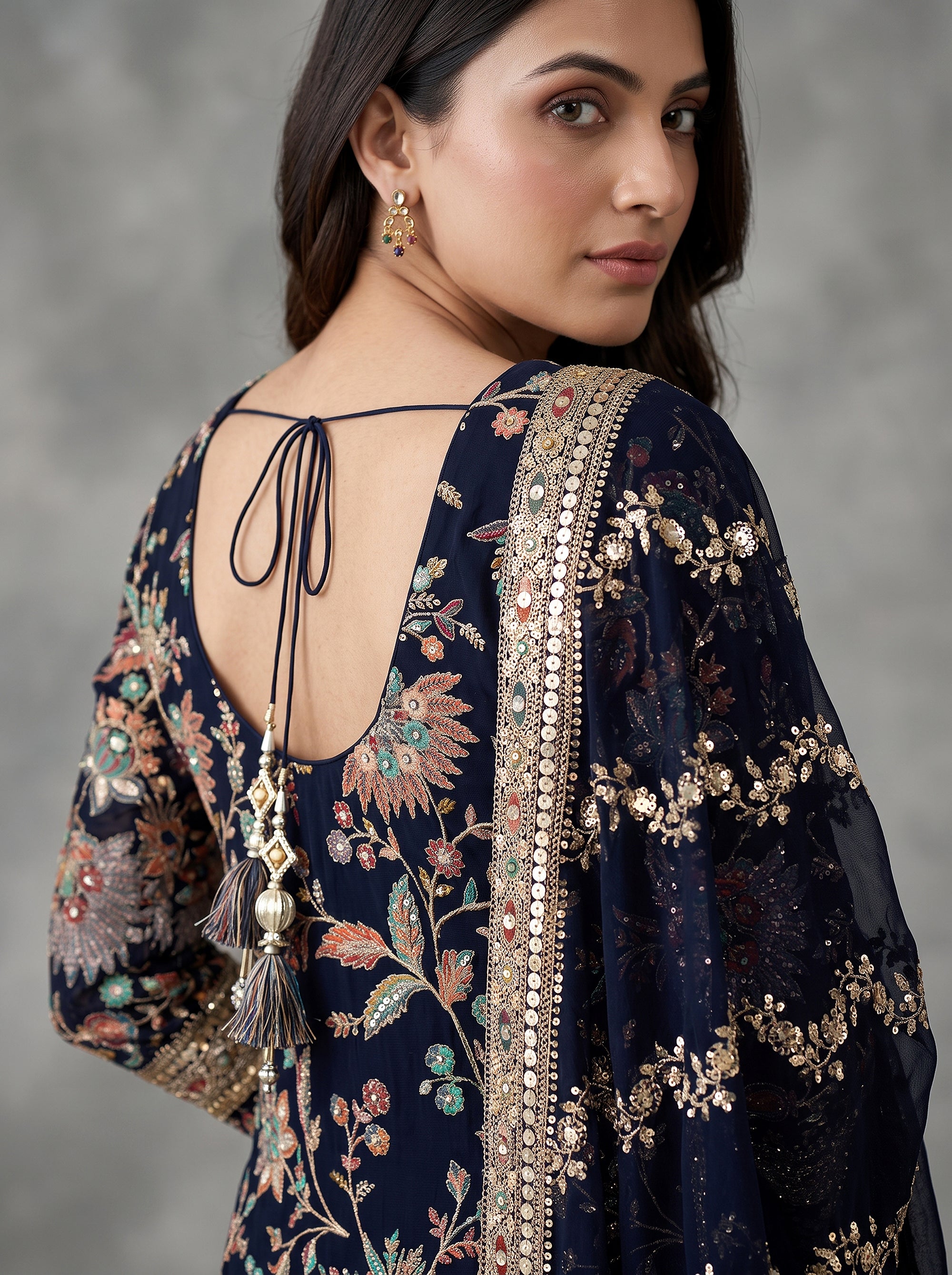 Midnight Flora | Navy Blue Embroidered Tiered Palazzo Suit | Palkhi Fashion