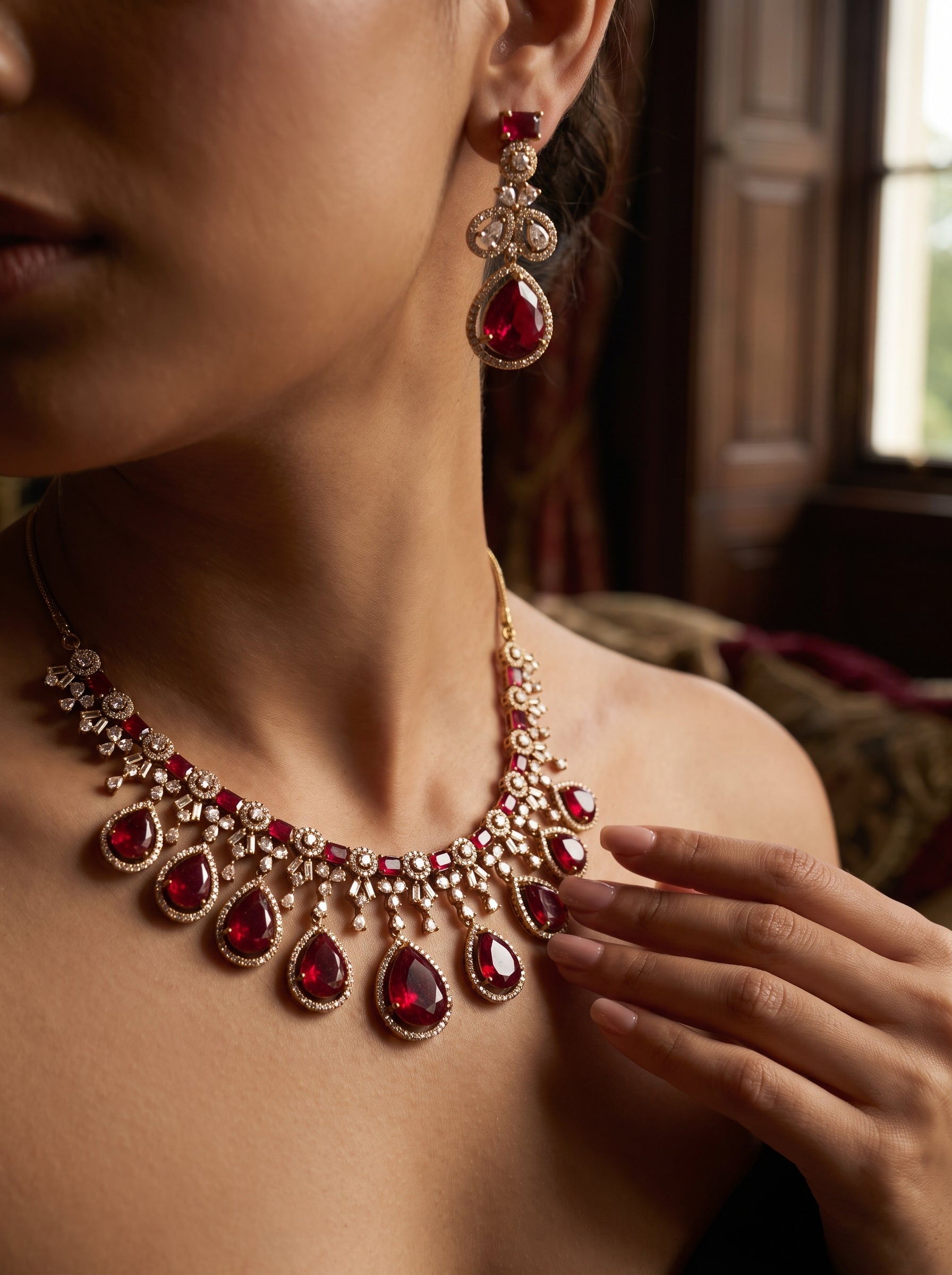 Regal CZ Teardrop Necklace Set in Ruby & Champagne | Palkhi Fashion