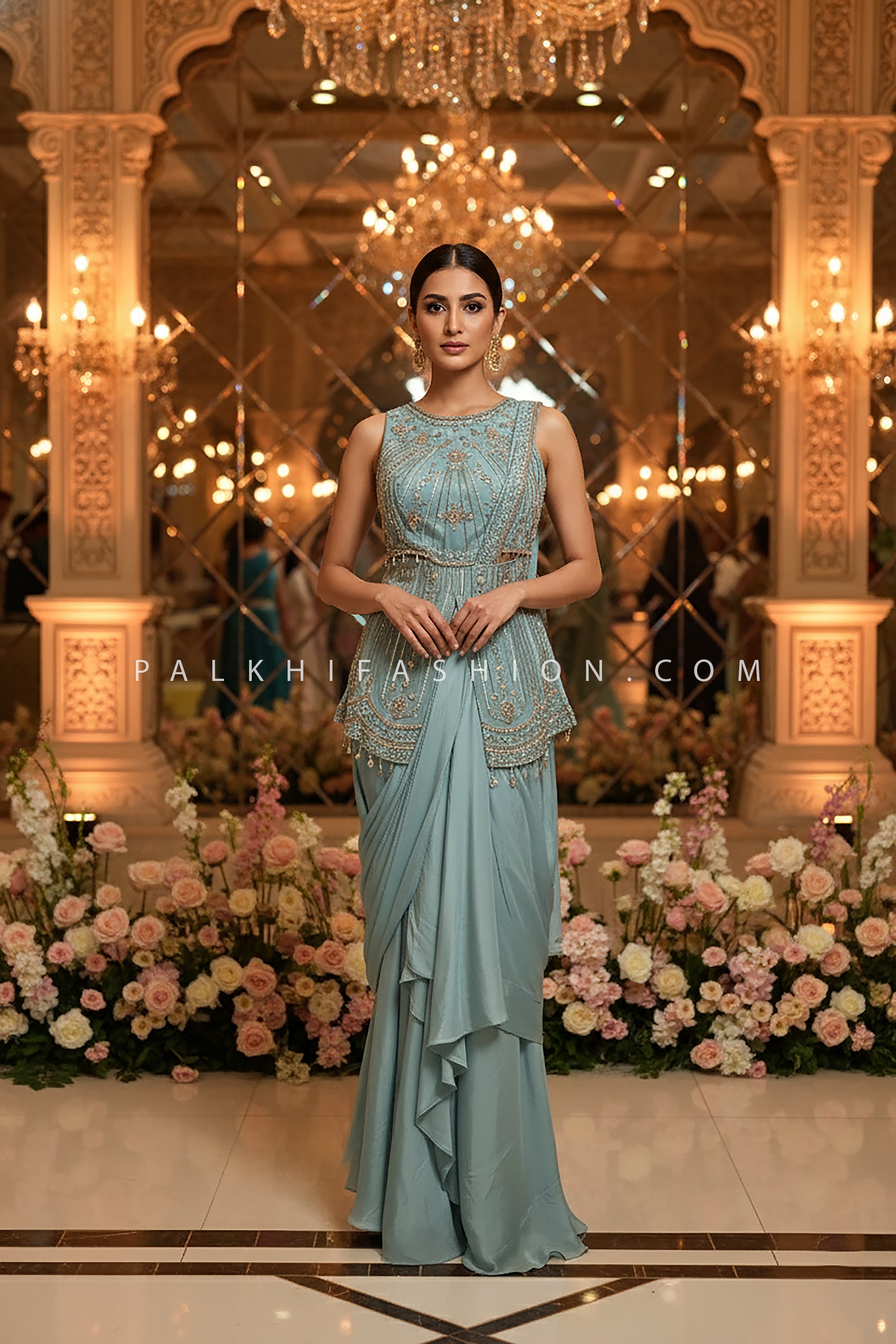 Ocean Luxe: Aqua Indo-Western Drape Tulip Skirt with Hand Embroidery – Palkhi Fashion
