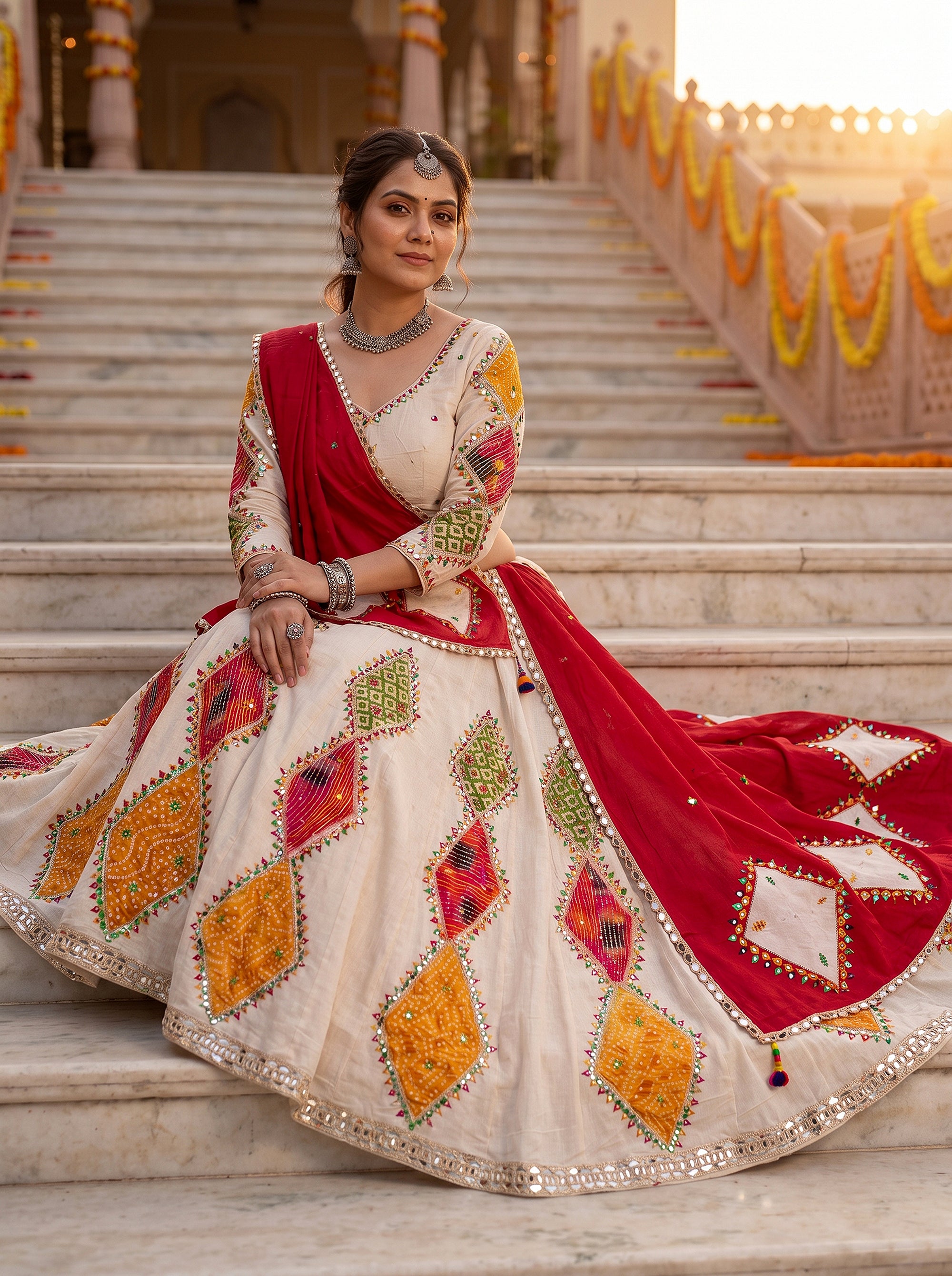 Festive Radiance | Off-White Cotton Chaniya Choli with Bandhej Patchwork & Mirror Work | Palkhi Fashion