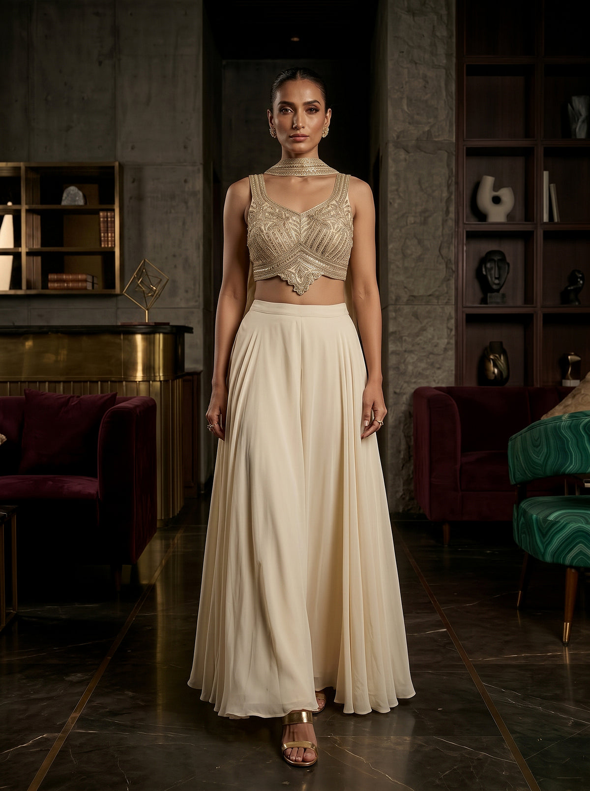 Ethereal Splendor | Off-White Georgette intricate Mirrorwork Palazzo Set | Palkhi Fashion