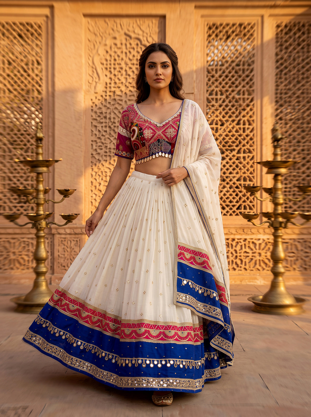 Festive Radiance | Designer Off-White & Royal Blue Kutchi Work Chaniya Choli | Palkhi Fashion