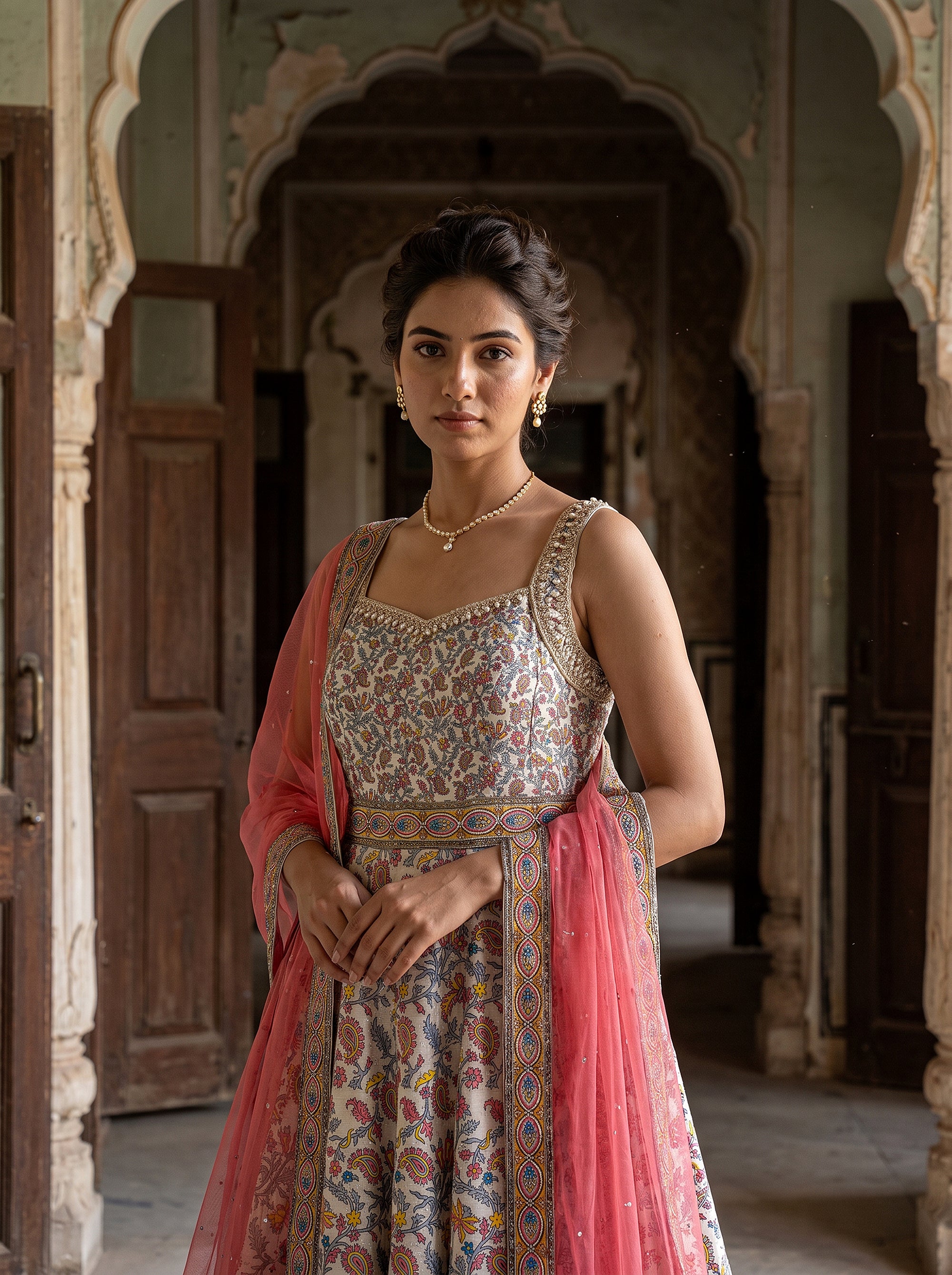 Floral Elegance | Off-White Silk Anarkali Suit with Pearl Handwork | Palkhi Fashion
