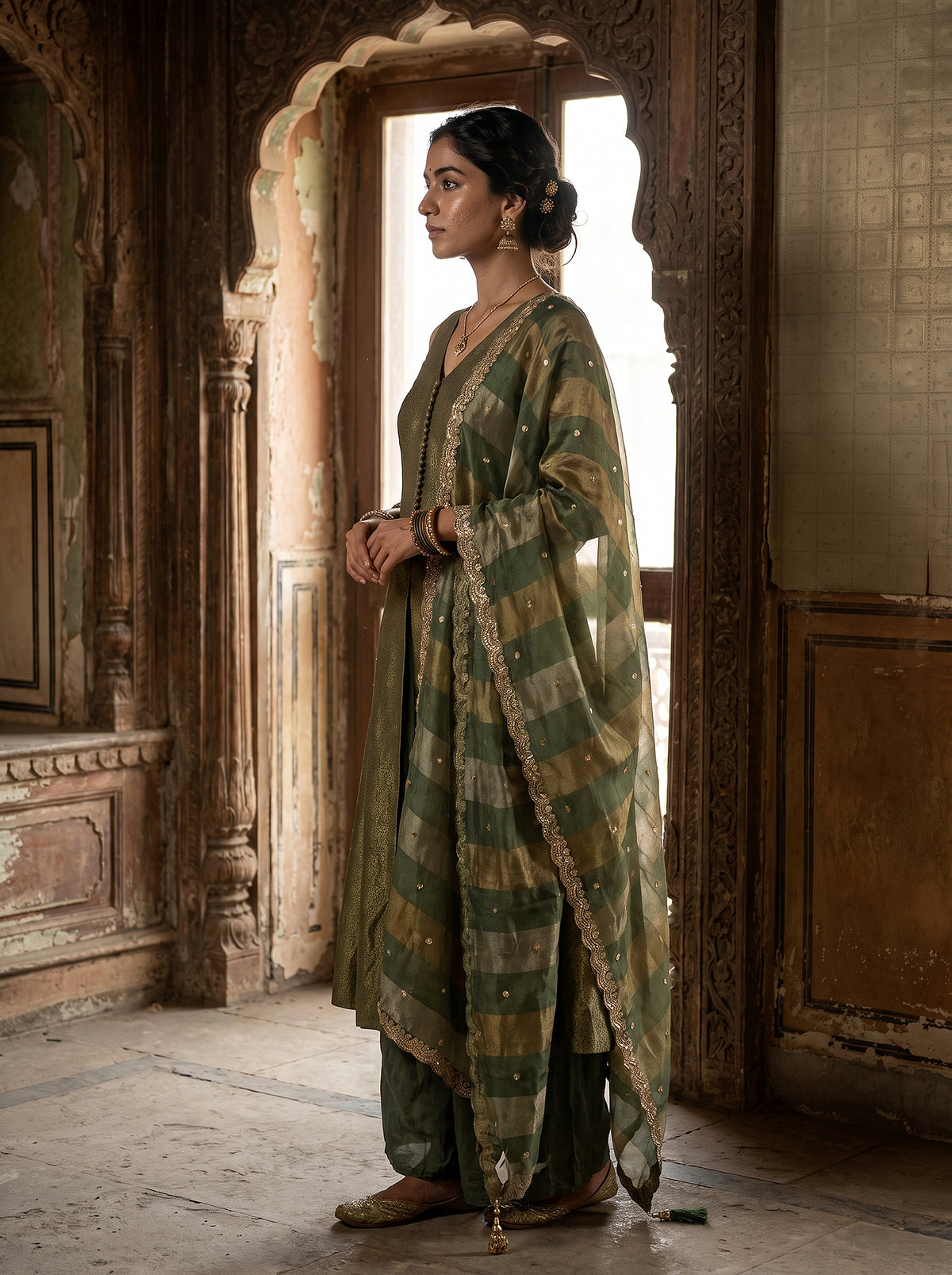 Verdant Elegance | Olive Green Tissue Silk Front-Slit Anarkali Set with Scalloped Dupatta | Palkhi Fashion