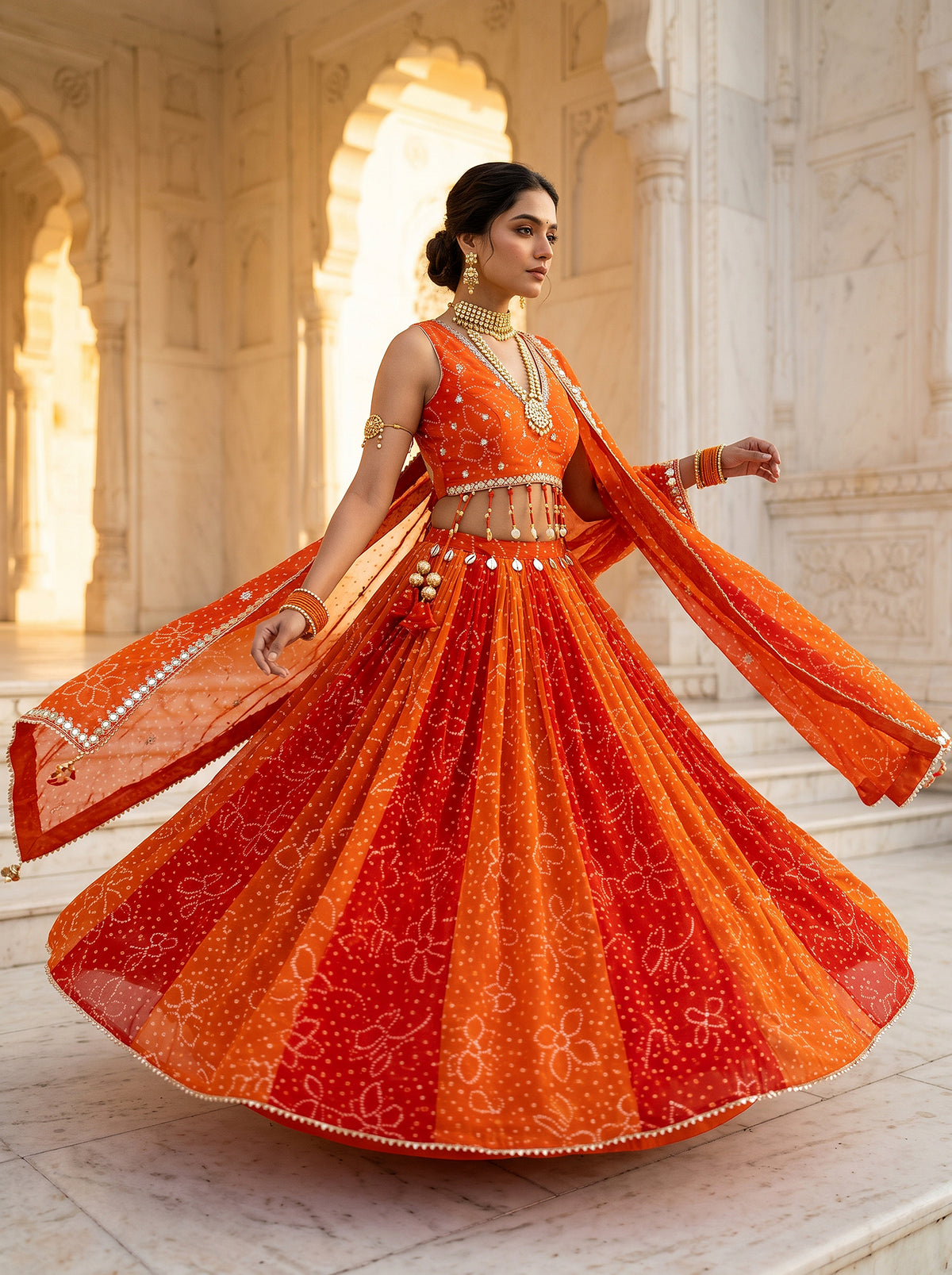 Festive Radiance | Orange & Red Bandhej Chaniya Choli with Mirror Embroidery | Palkhi Fashion