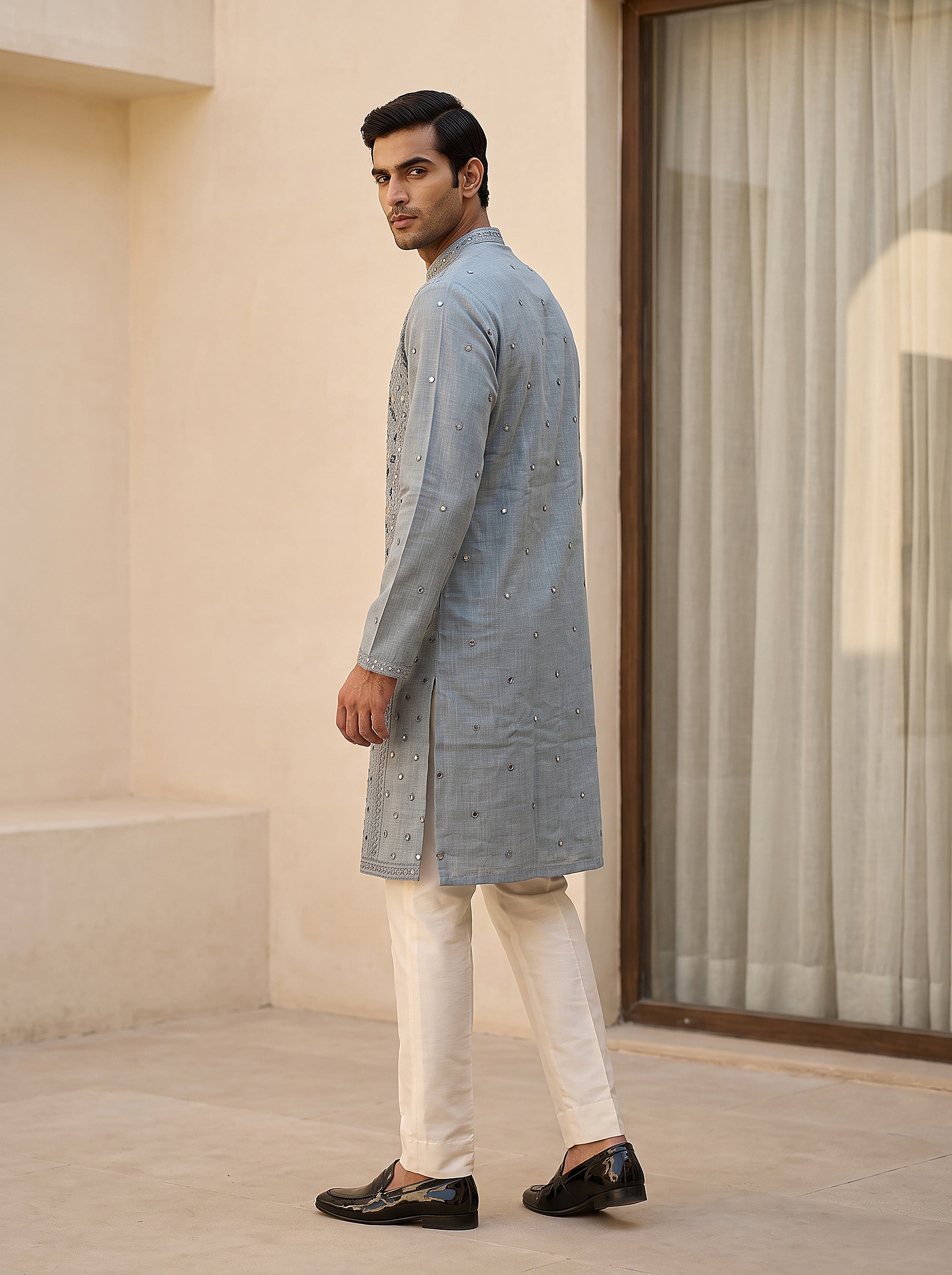 Serene Sophistication | Pastel Blue Linen Mens Kurta Set with Elegant Work | Palkhi Fashion