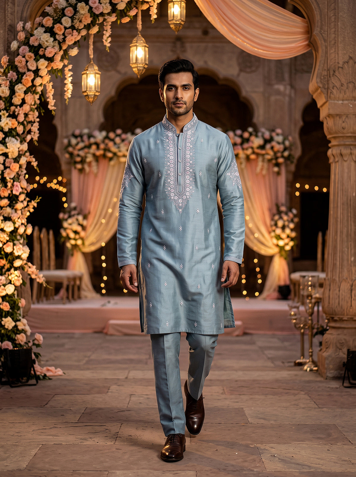 Pastel Serenity | Pastel Blue Silk Blend Floral Embroidered Kurta Set with Mirror Accents | Palkhi Fashion