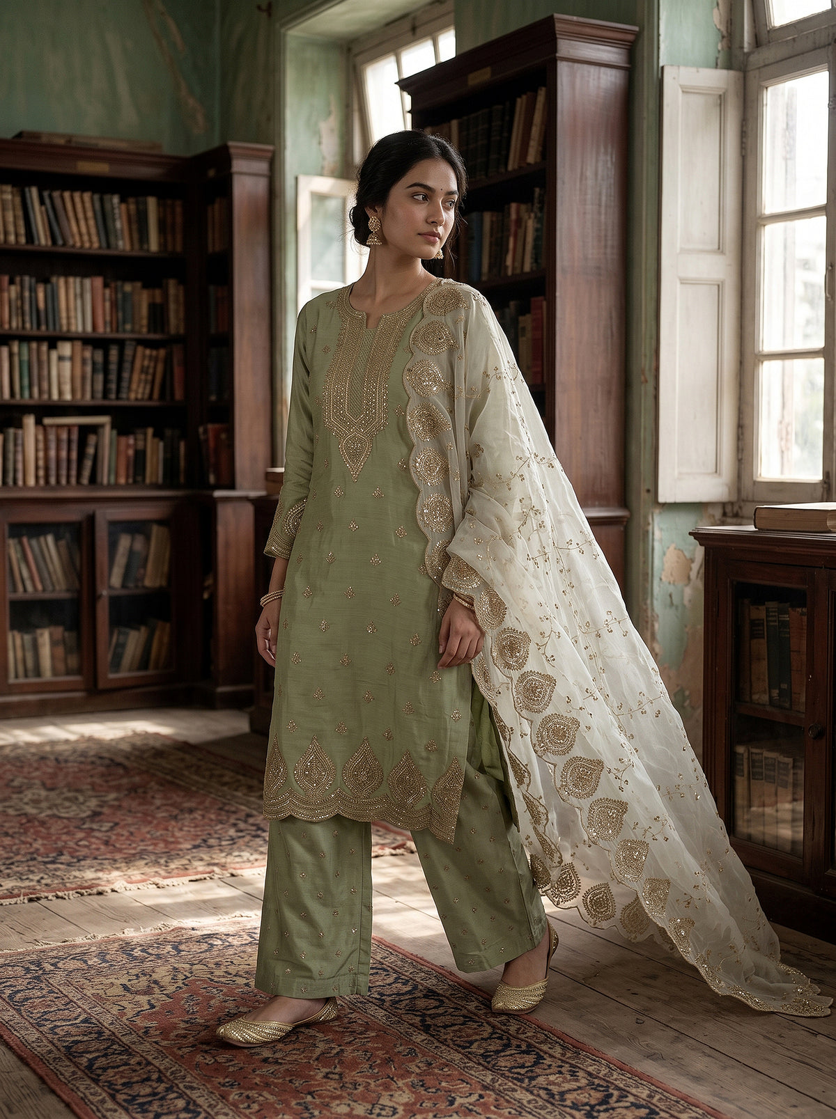 Sage Serenity | Pastel Pistachio Soft Silk Kurta Palazzo Set with Cutwork Dupatta | Palkhi Fashion