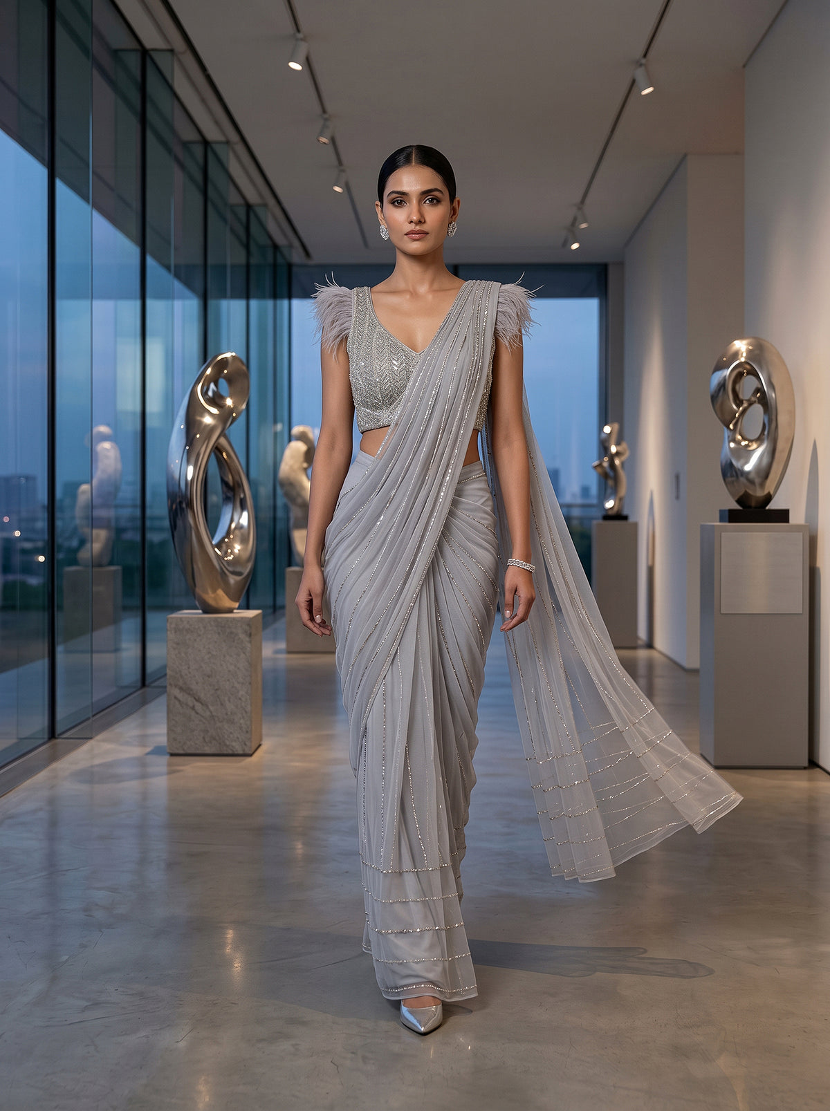Silver Reverie | Pastel Grey Pre-Draped Saree with Cutdana & Stone Embellished Blouse | Palkhi Fashion