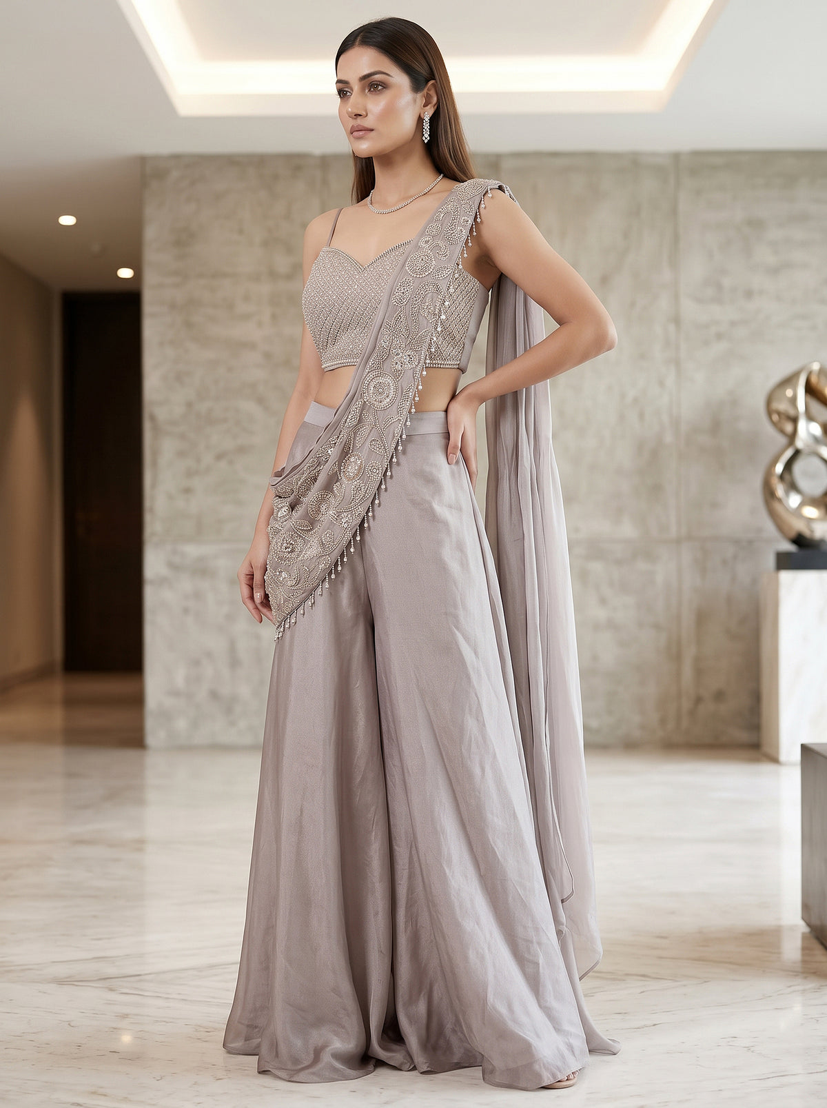 Pastel Lilac Tissue Silk Pre-Draped Palazzo Set with Cutdana Work | Palkhi Fashion