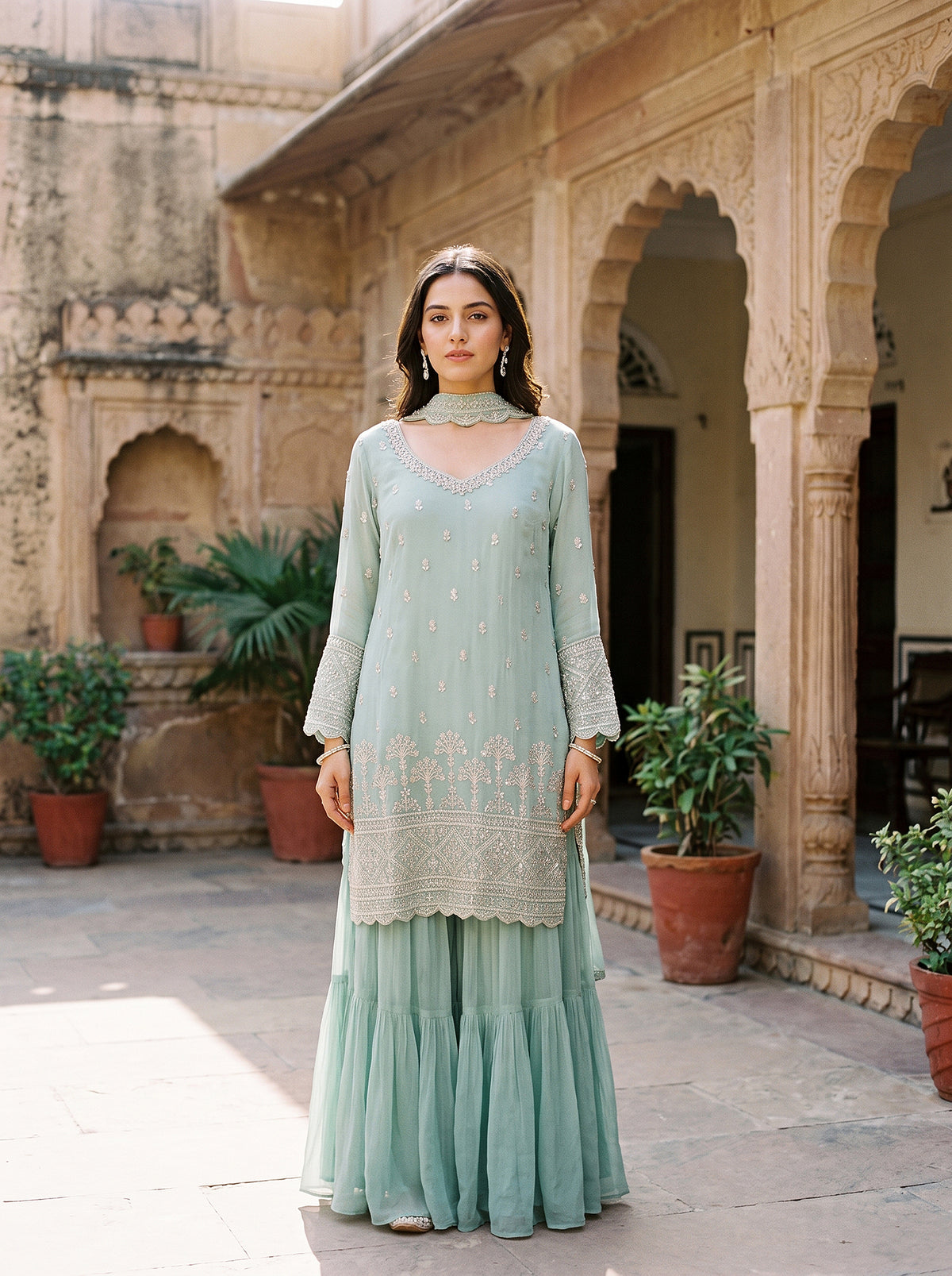 Sea Mist Grace | Pastel Mint Georgette Embroidered Sharara Set with Beadwork | Palkhi Fashion