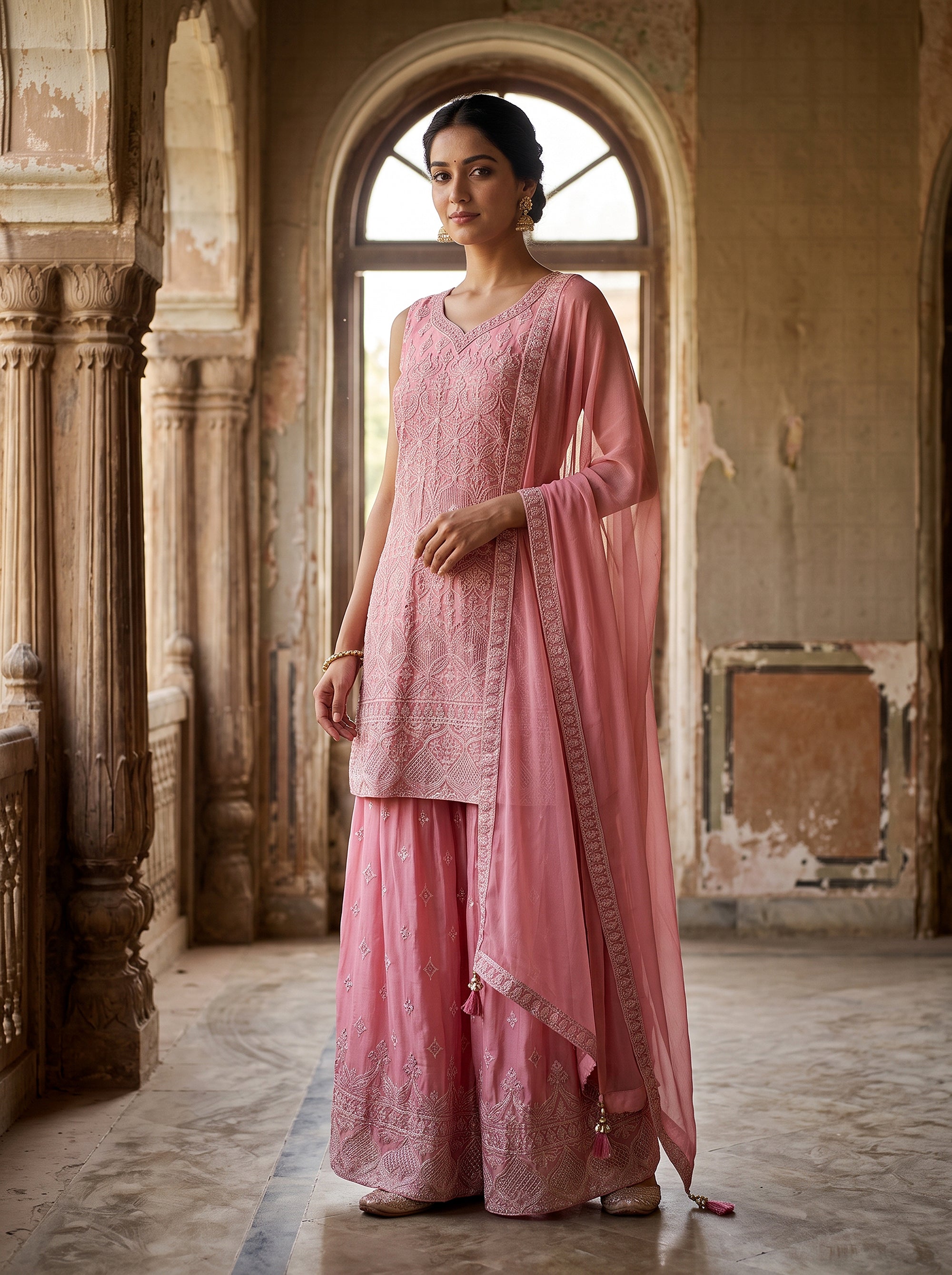 Roseate Radiance | Pastel Pink Embroidered Palazzo Suit | Palkhi Fashion