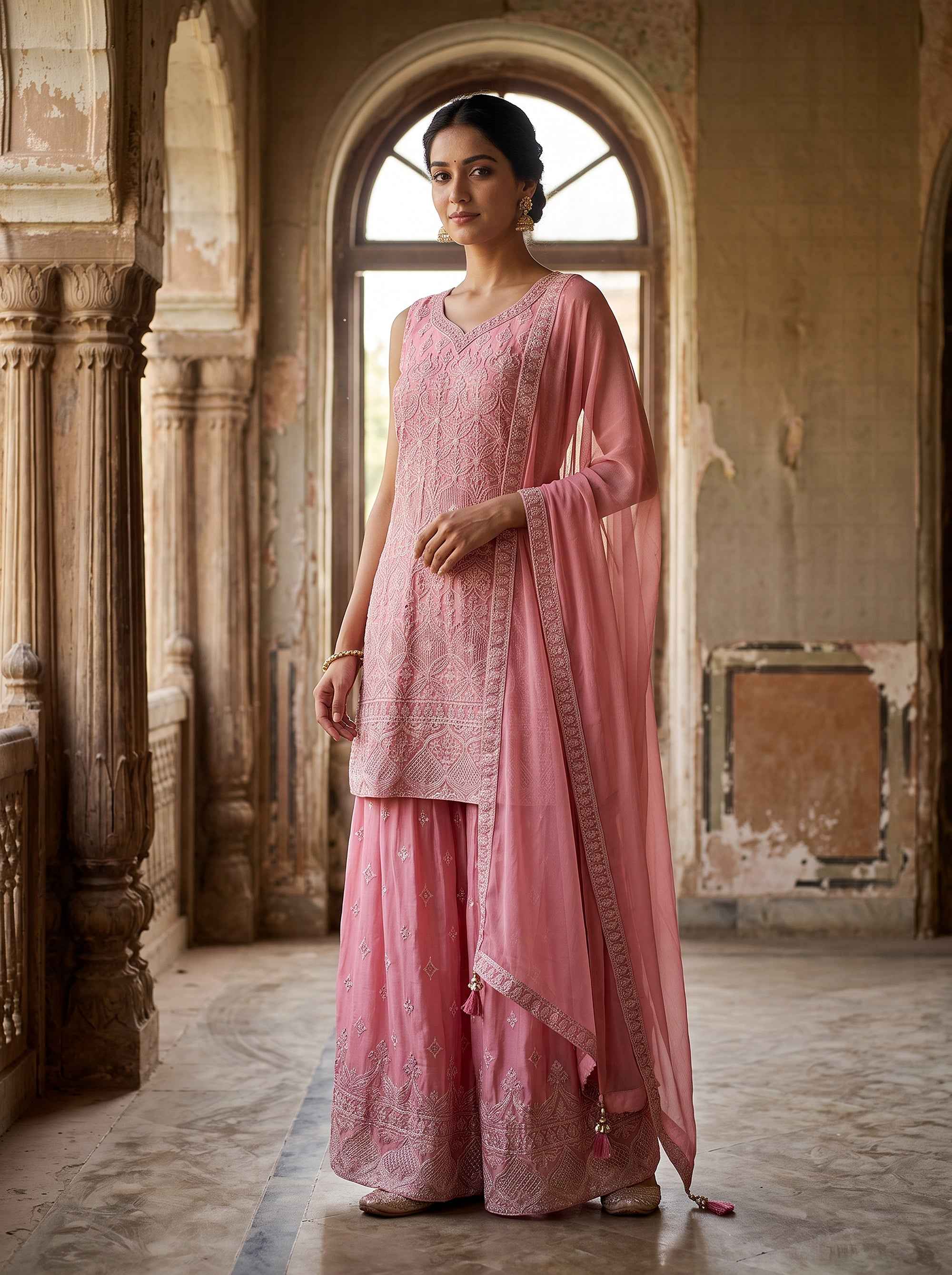 Roseate Radiance | Pastel Pink Embroidered Palazzo Suit | Palkhi Fashion
