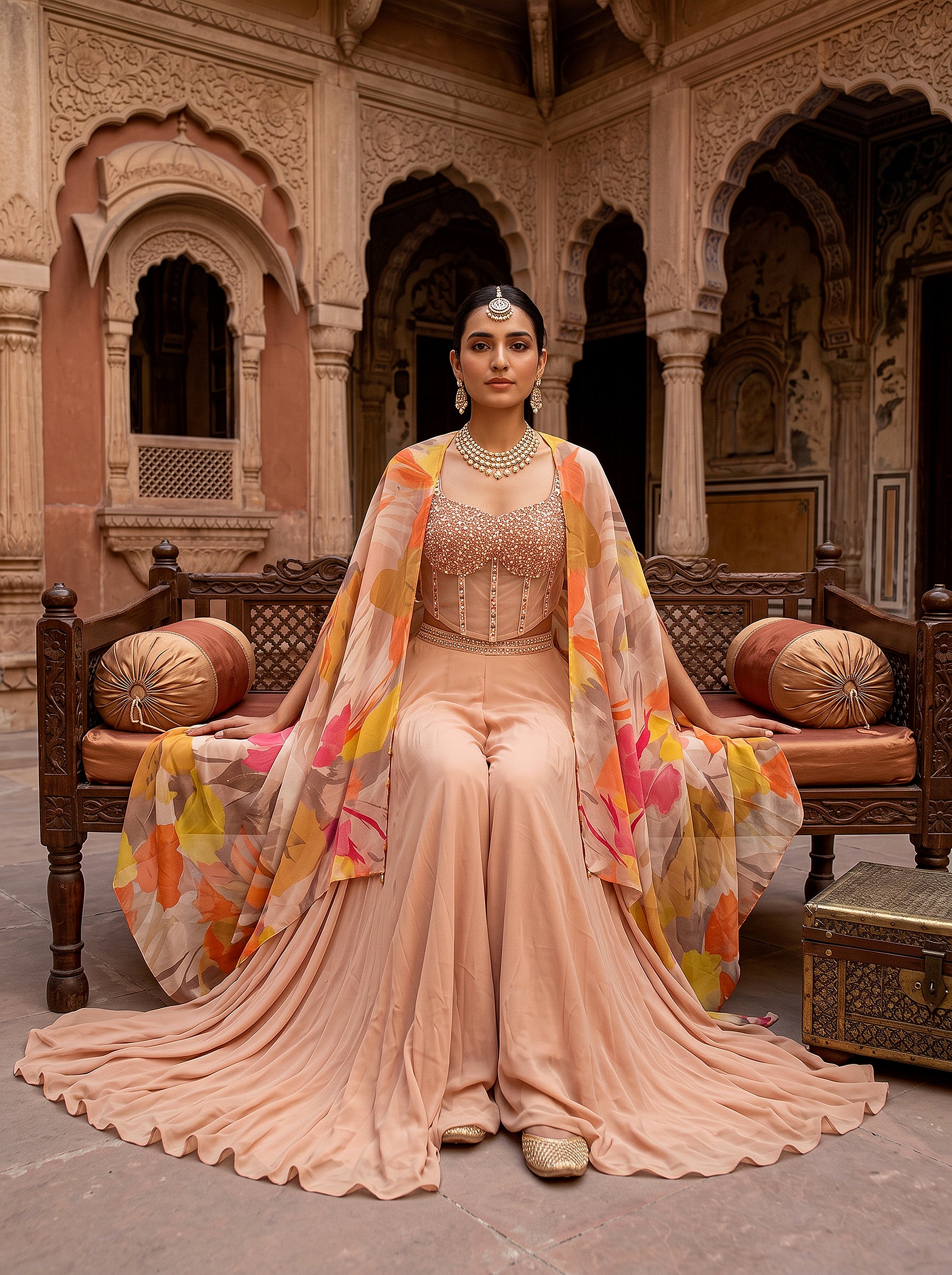 Sunset Radiance | Designer Peach Corset Palazzo Suit with Floral Print Cape | Palkhi Fashion