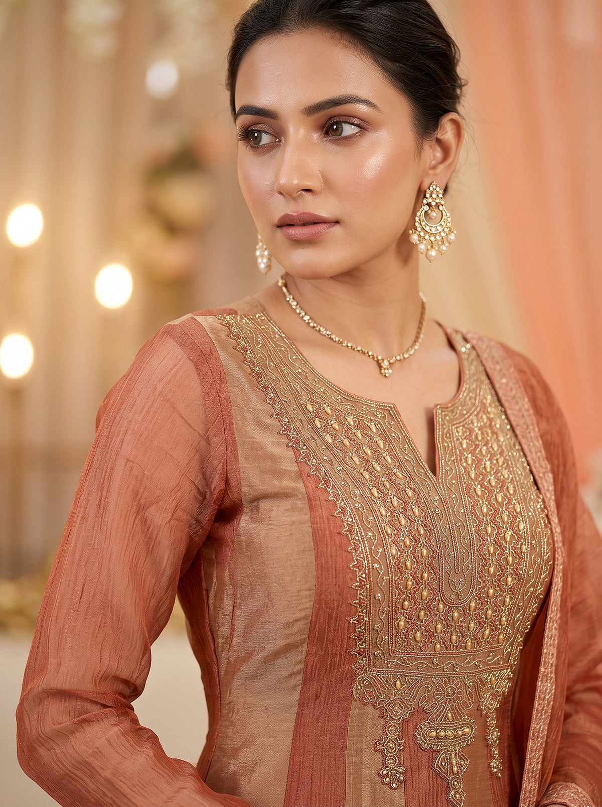 Peach Radiance | Two-Tone Peach and Champagne Tissue Silk Anarkali Palazzo Set with Pearl Cutdana | Palkhi Fashion