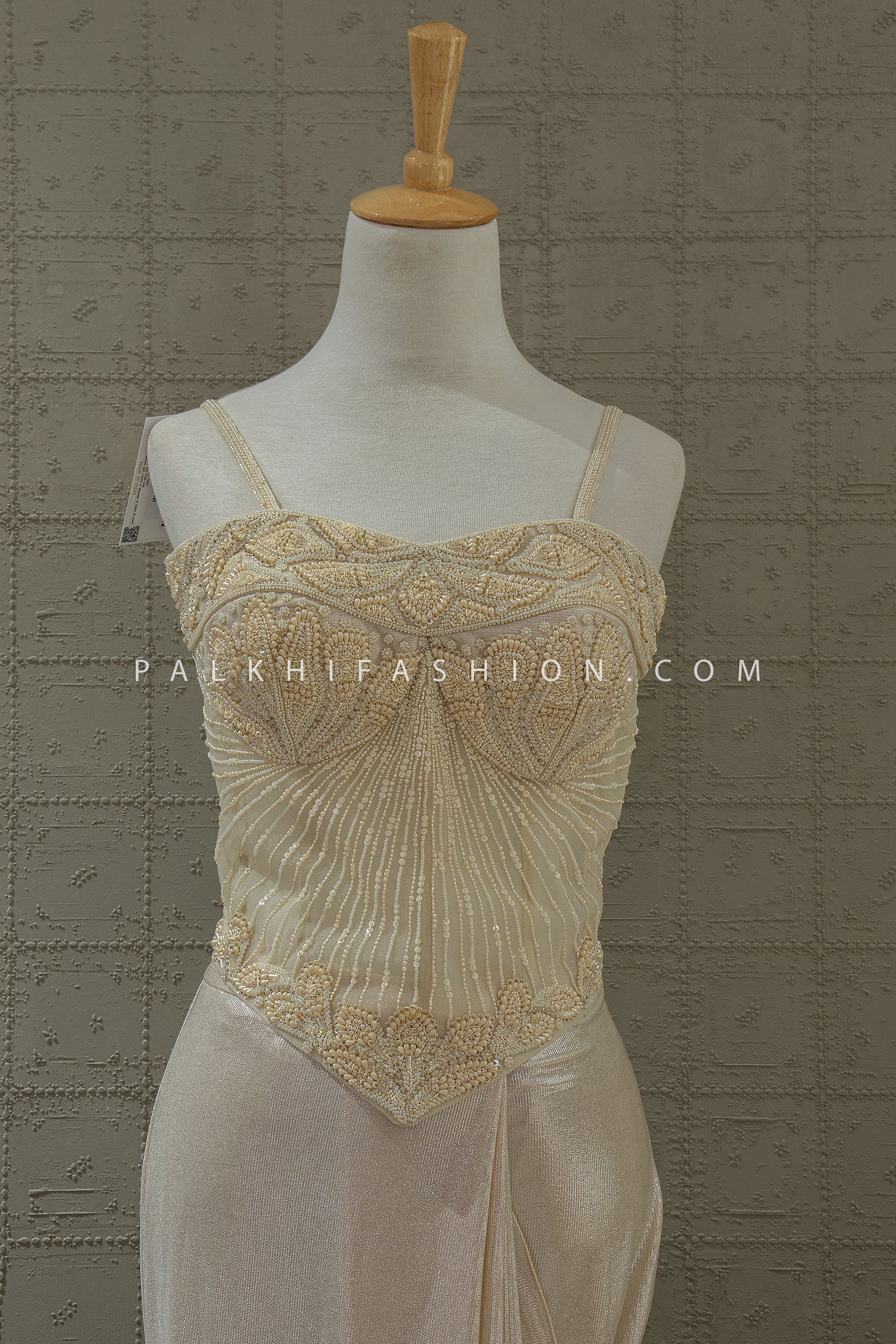 Pearl Luxe – Ivory Champagne Pre Draped Saree with Hand Embellished Corset | Palkhi Fashion