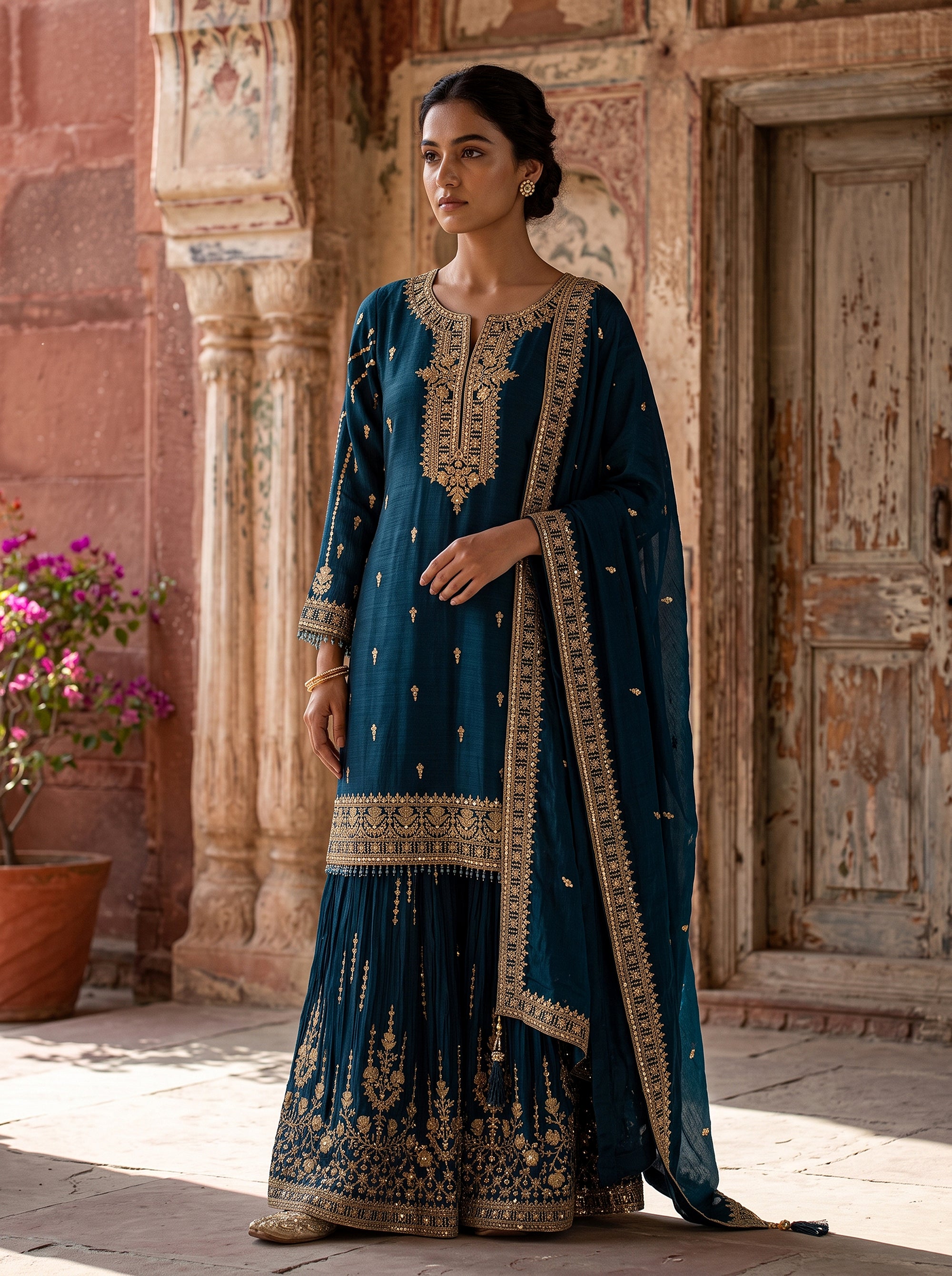 Petrol Blue Majesty | Embroidered Silk Kurta Palazzo Suit with Sequin Work | Palkhi Fashion