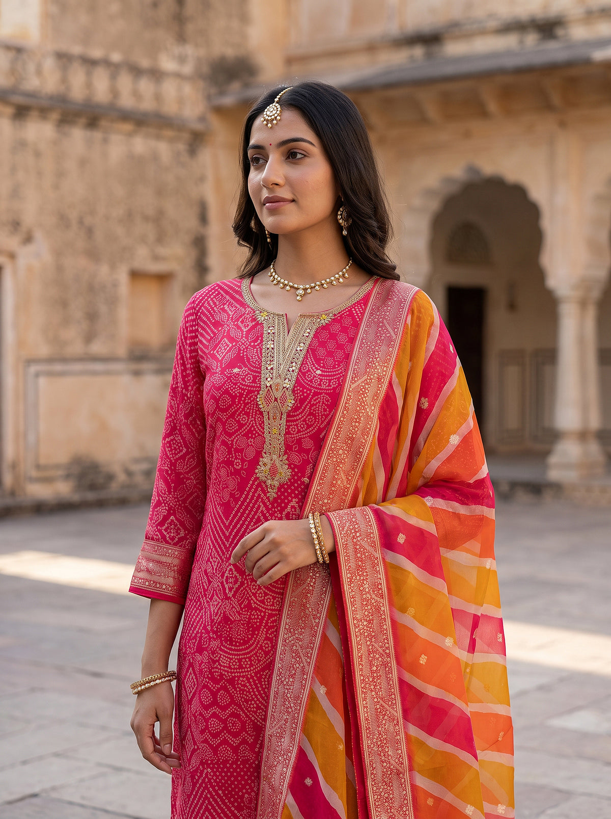 Radiant Festivity | Traditional Pink Bandhani Straight Cut Salwar Suit | Palkhi Fashion