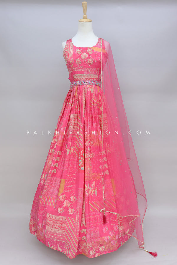 Pink Soft Silk Indian Outfit With Appealing Prints