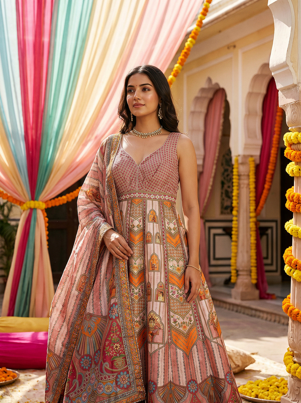 Royal Heritage | Pink & Orange Mughal Motif Art Silk Anarkali Suit | Palkhi Fashion