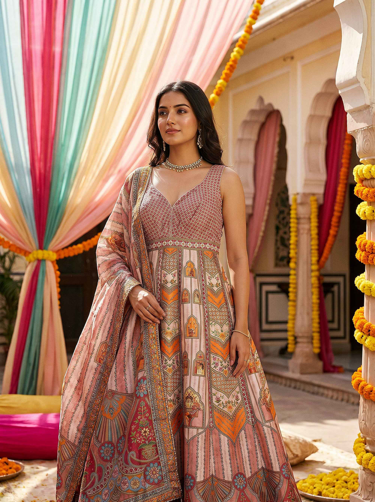 Royal Heritage | Pink & Orange Mughal Motif Art Silk Anarkali Suit | Palkhi Fashion